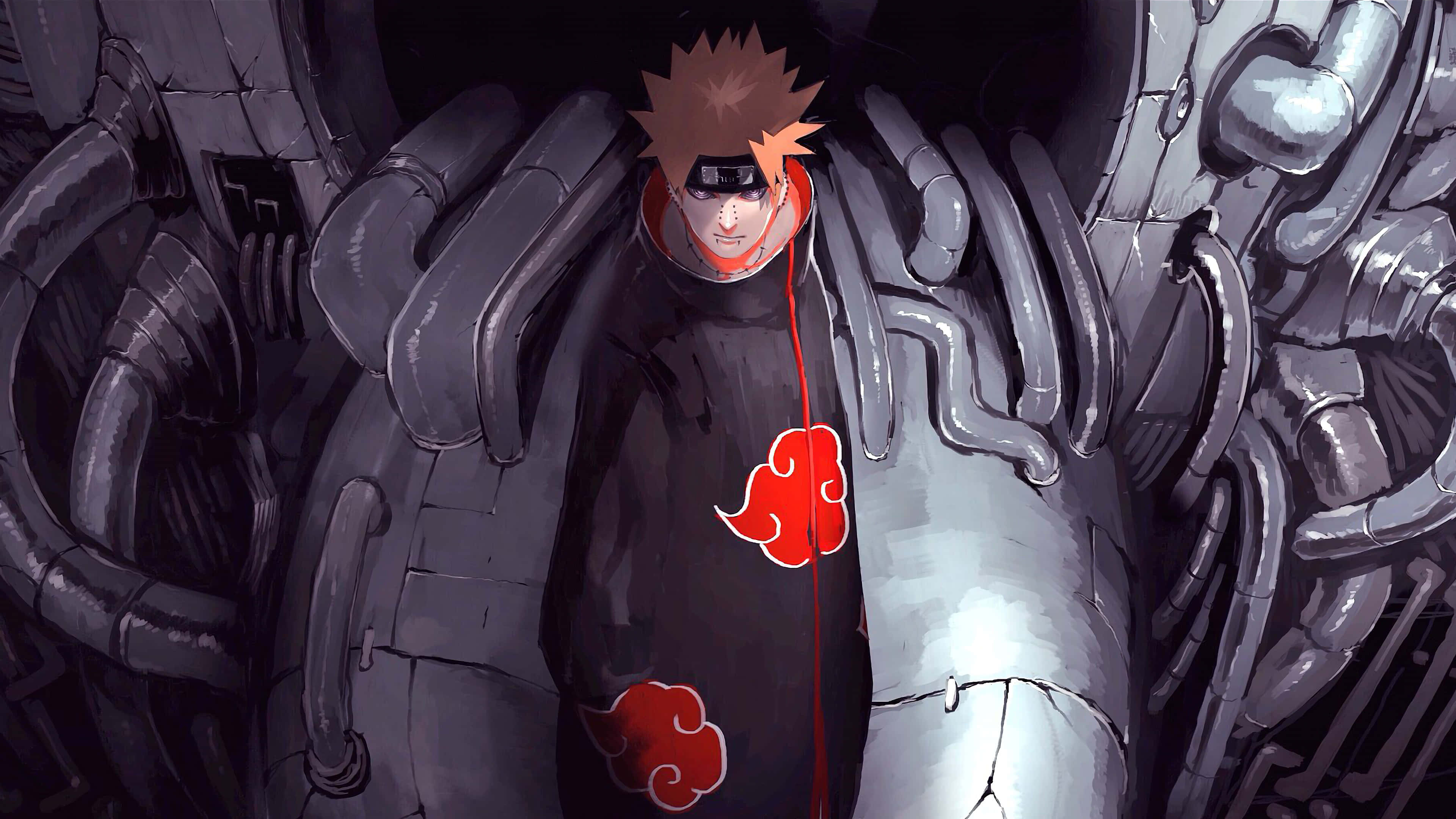 Akatsuki Laptop, black cloak, red cloud symbols, 4K Desktop Wallpaper