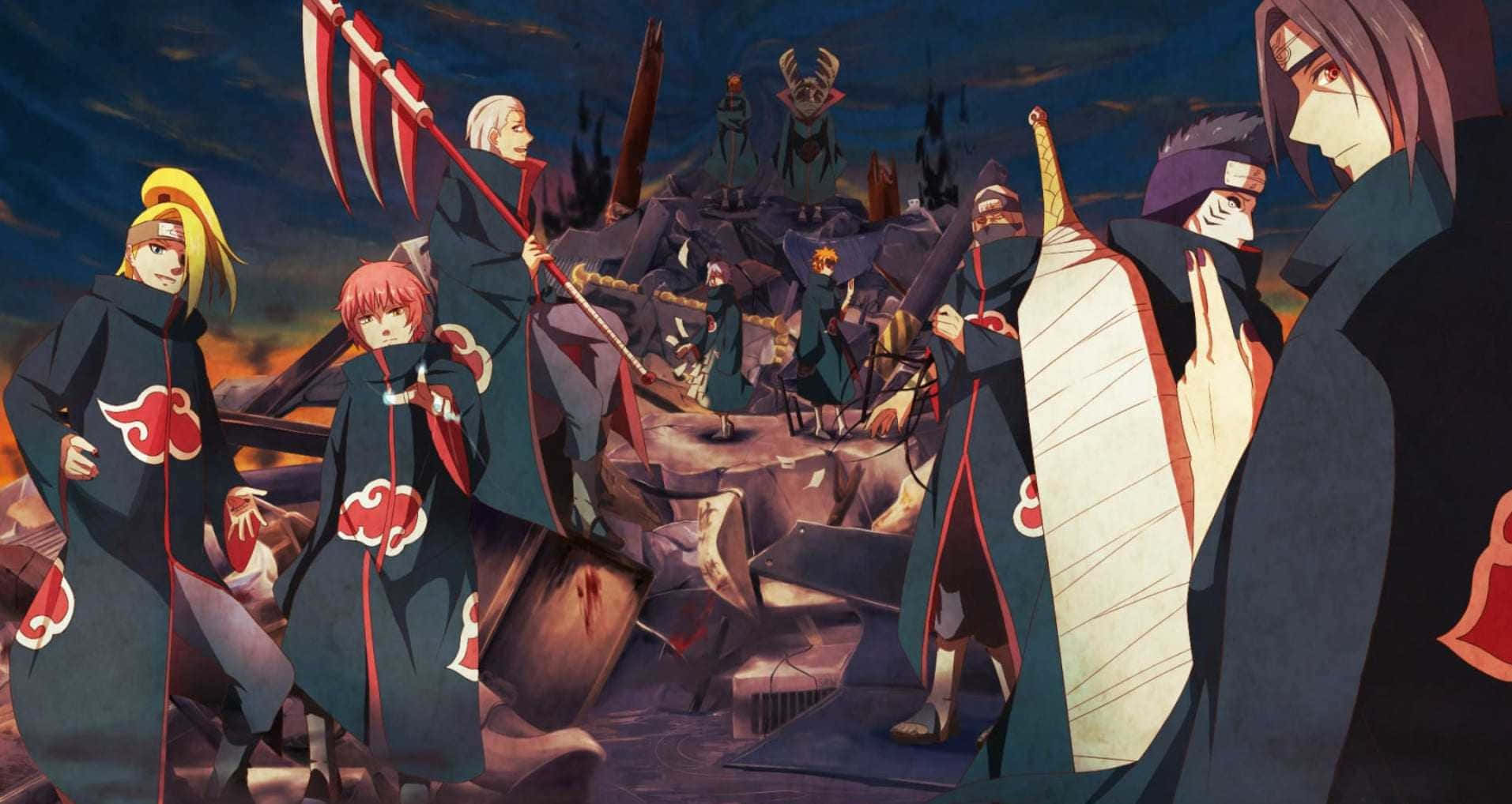 Akatsuki Laptop, dark cloaks, red clouds, HD Desktop Wallpaper