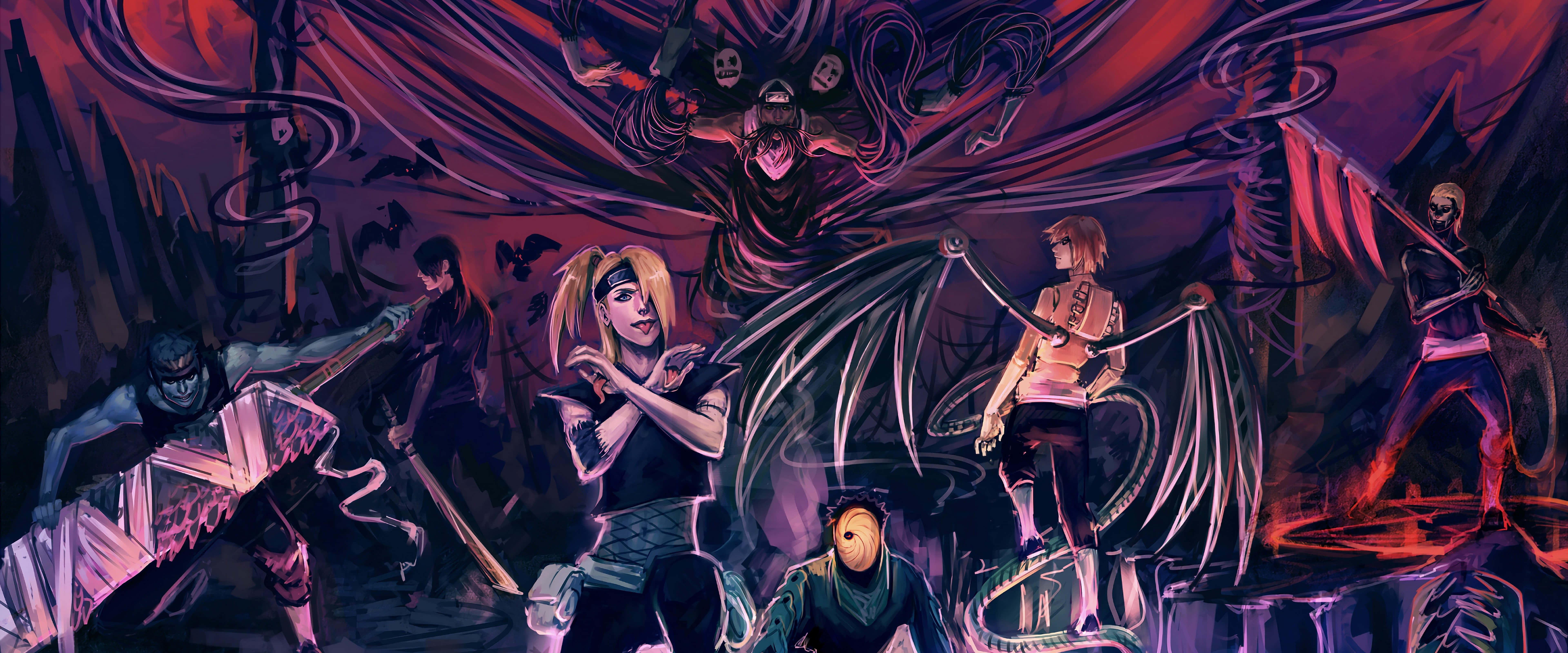Akatsuki Members, stylized anime characters, monstrous creatures, 8K Desktop Wallpaper