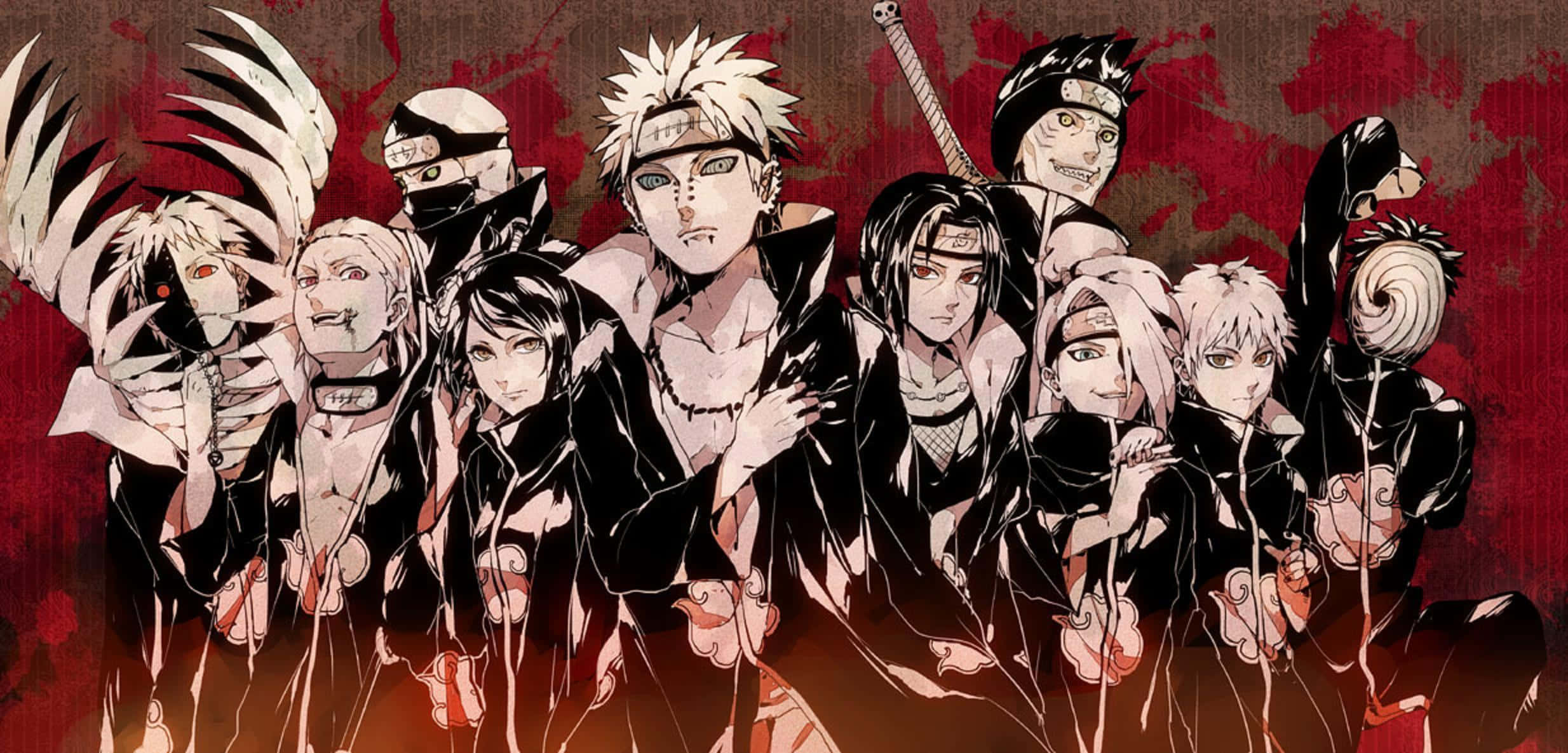 Akatsuki Members, black cloaks, blood-red textured background, Full HD Desktop Wallpaper