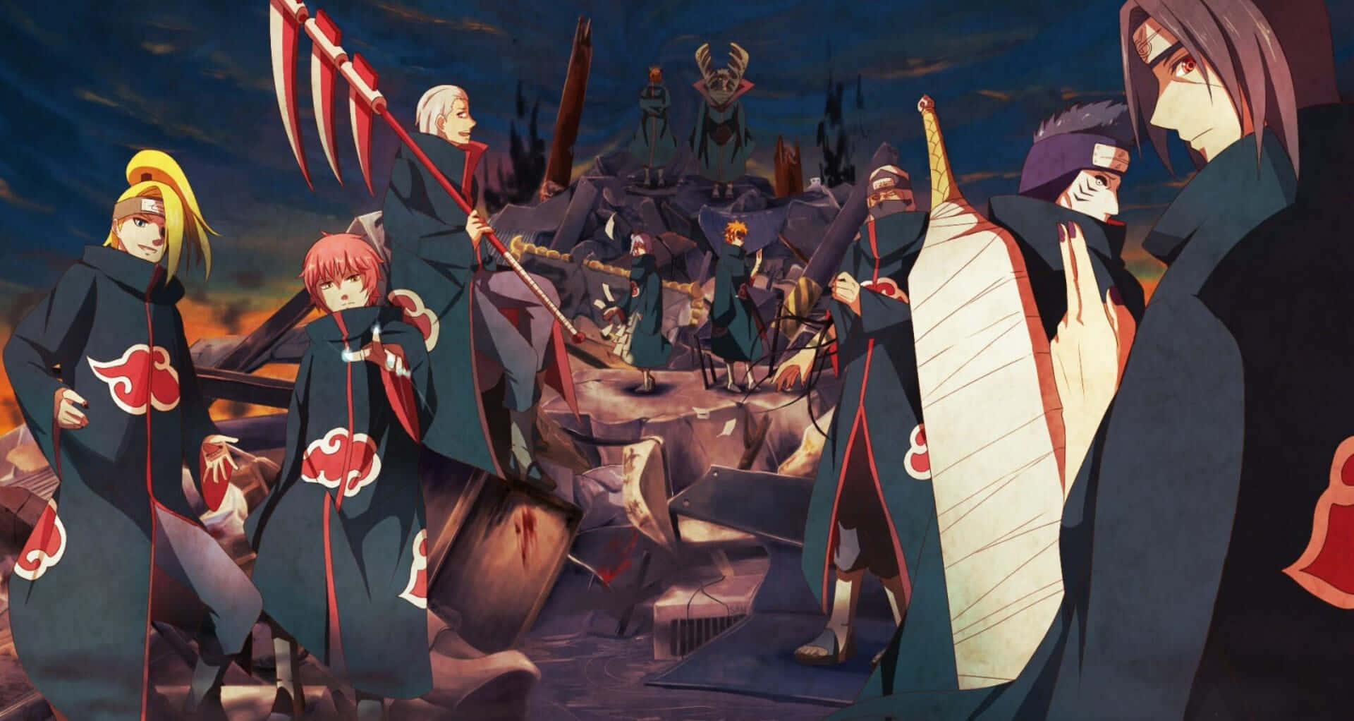 Akatsuki Members, dark cloaks, red clouds, Full HD Desktop Wallpaper