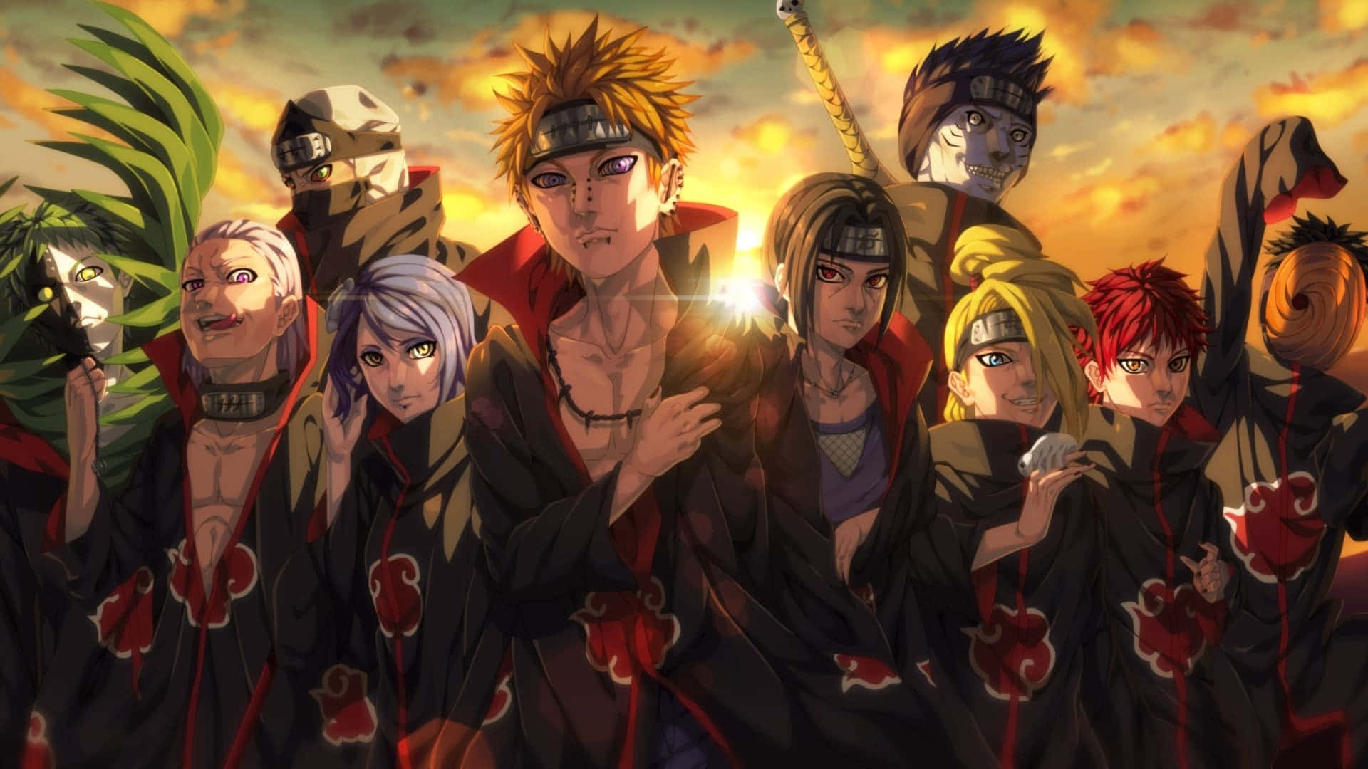 Akatsuki Members, black cloaks, red clouds, Full HD Desktop Wallpaper