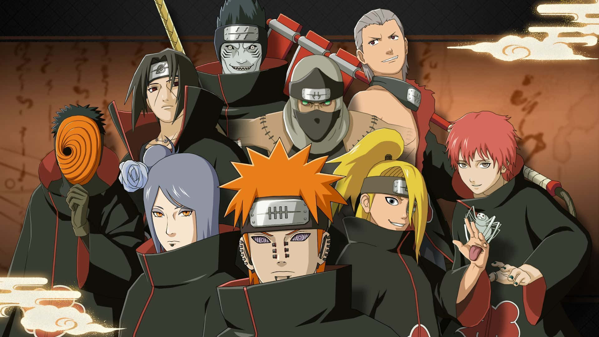 Akatsuki Members, black cloaks, red clouds, Full HD Desktop Wallpaper