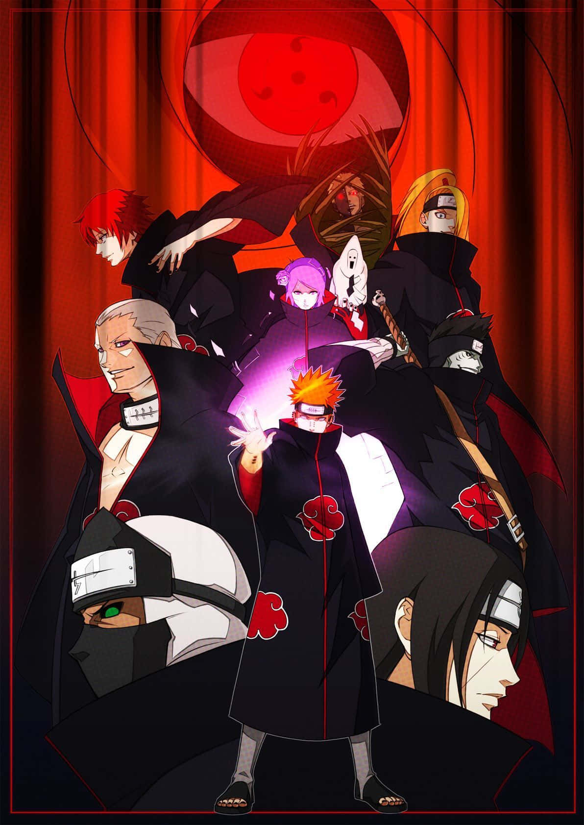 Akatsuki Team, black cloaks with red clouds, red curtain, HD Phone Wallpaper