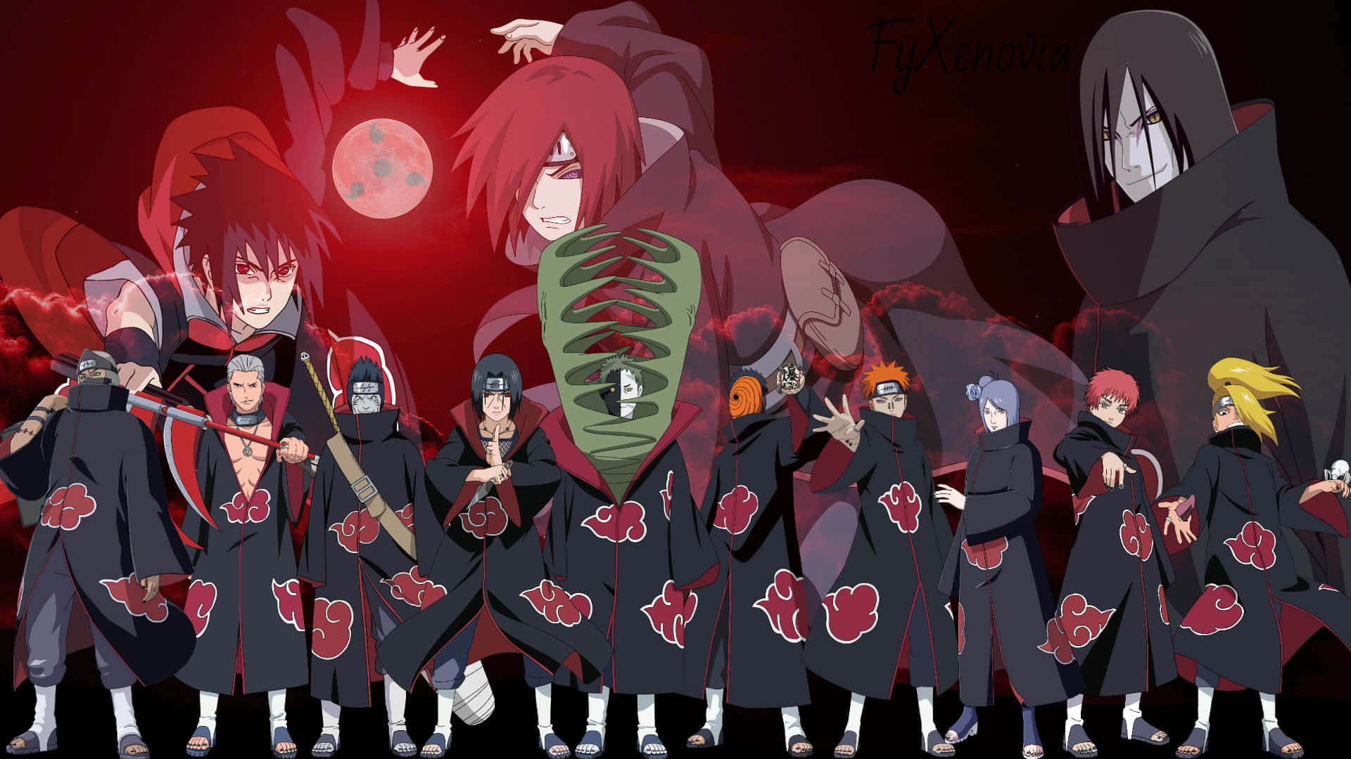 Akatsuki Members, black cloaks, red cloud symbols, Full HD Desktop Wallpaper
