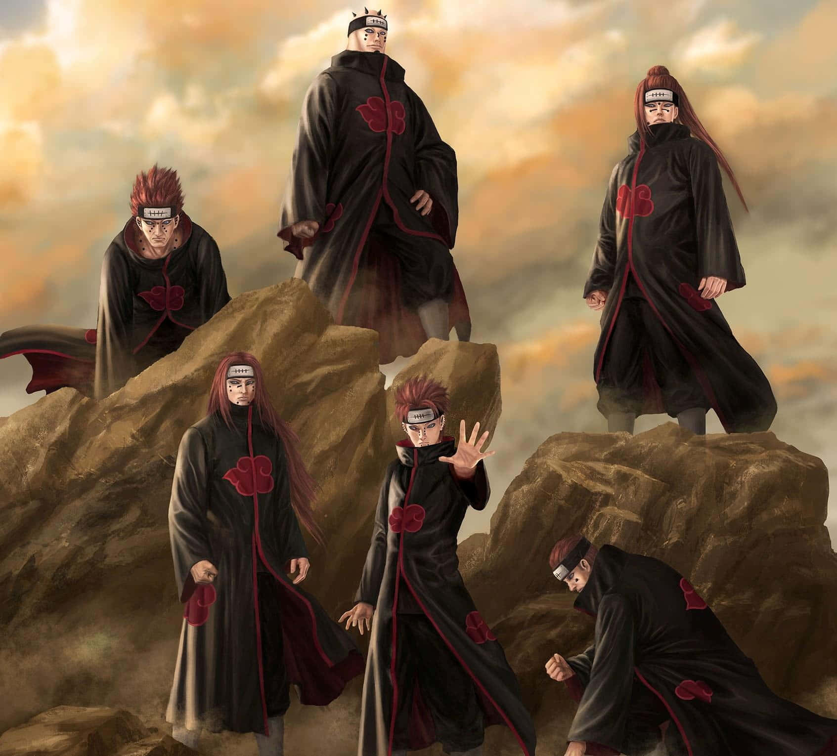 Akatsuki Members, black cloaks, red clouds, HD Desktop Wallpaper
