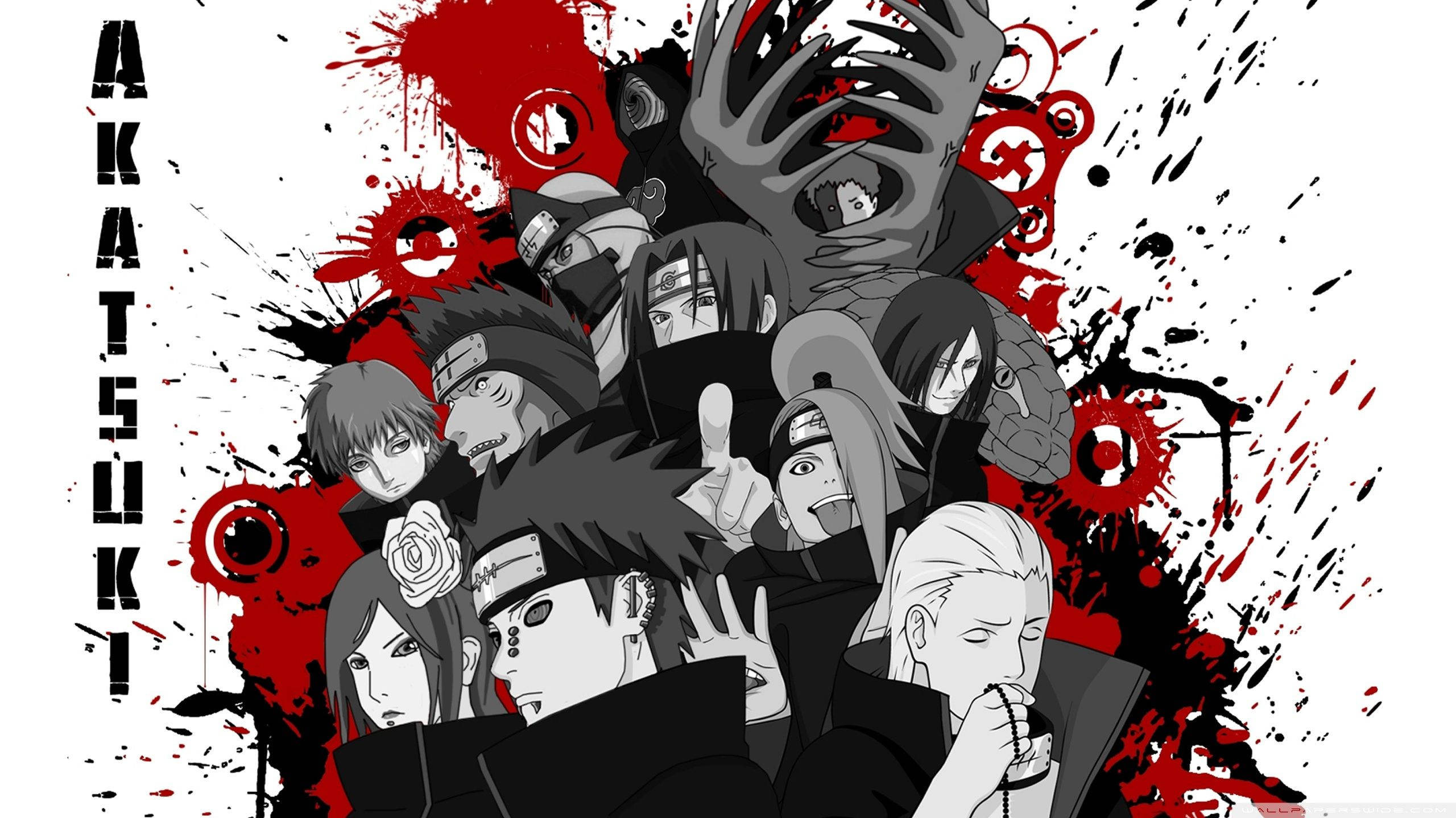 Akatsuki, red splatter accents, black and white, 2K Desktop Wallpaper
