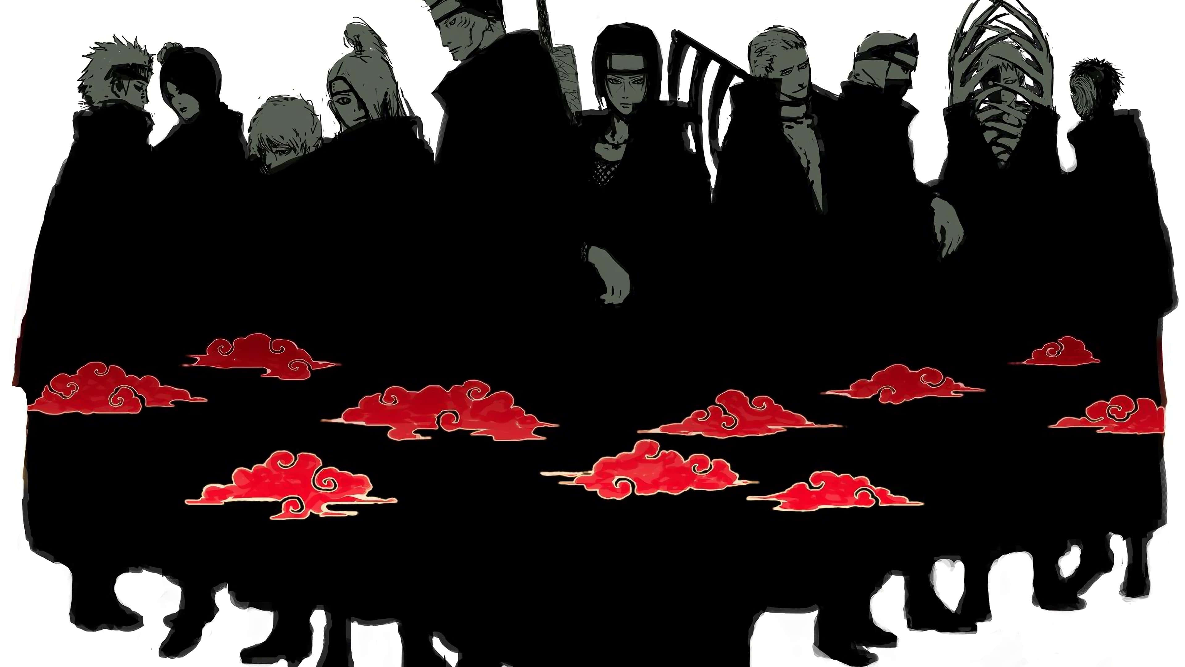 Akatsuki Members, red cloud symbols, silhouetted anime figures, 4K Desktop Wallpaper