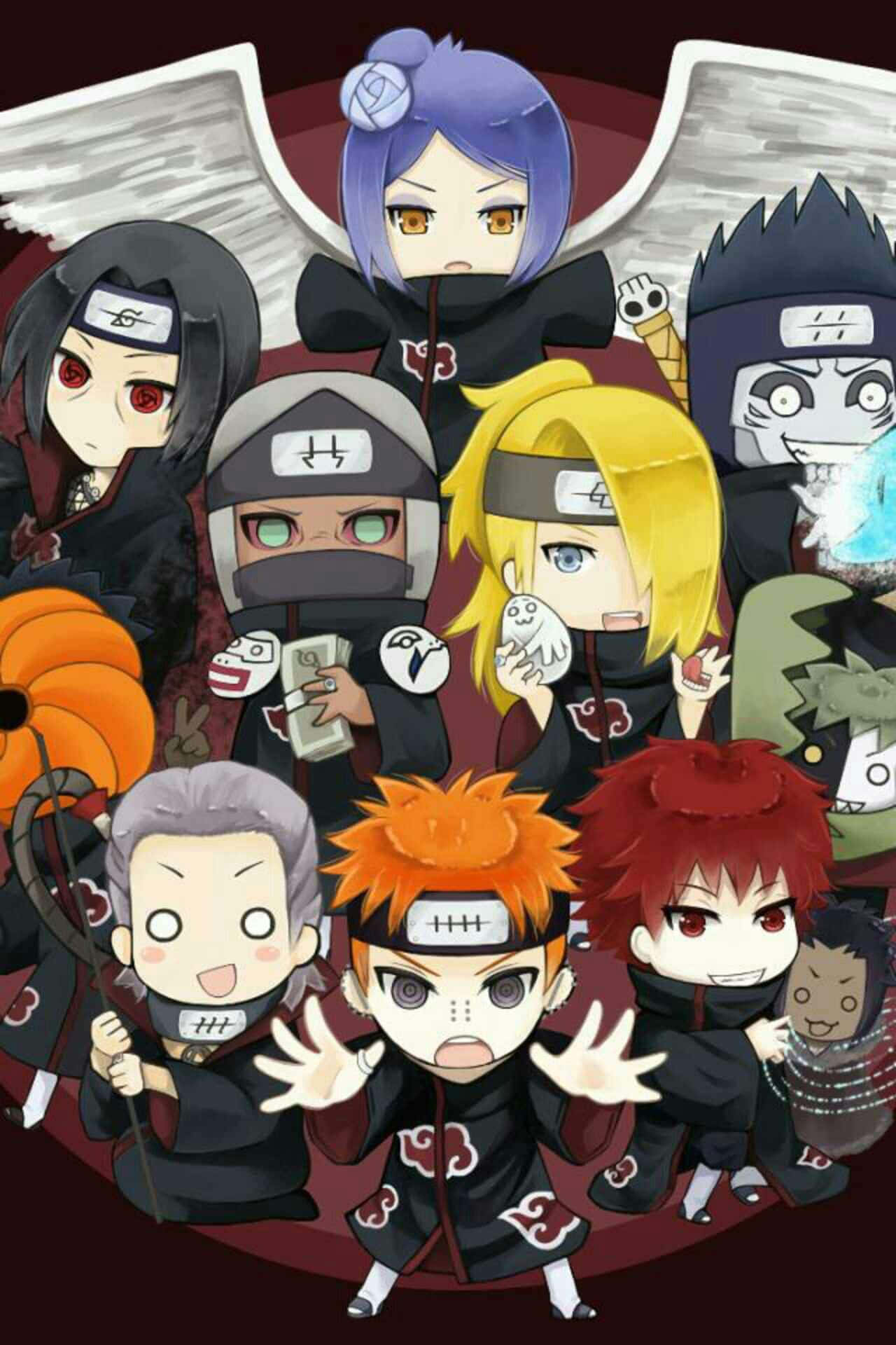 Akatsuki Members, black cloaks, red clouds, Full HD Phone Wallpaper