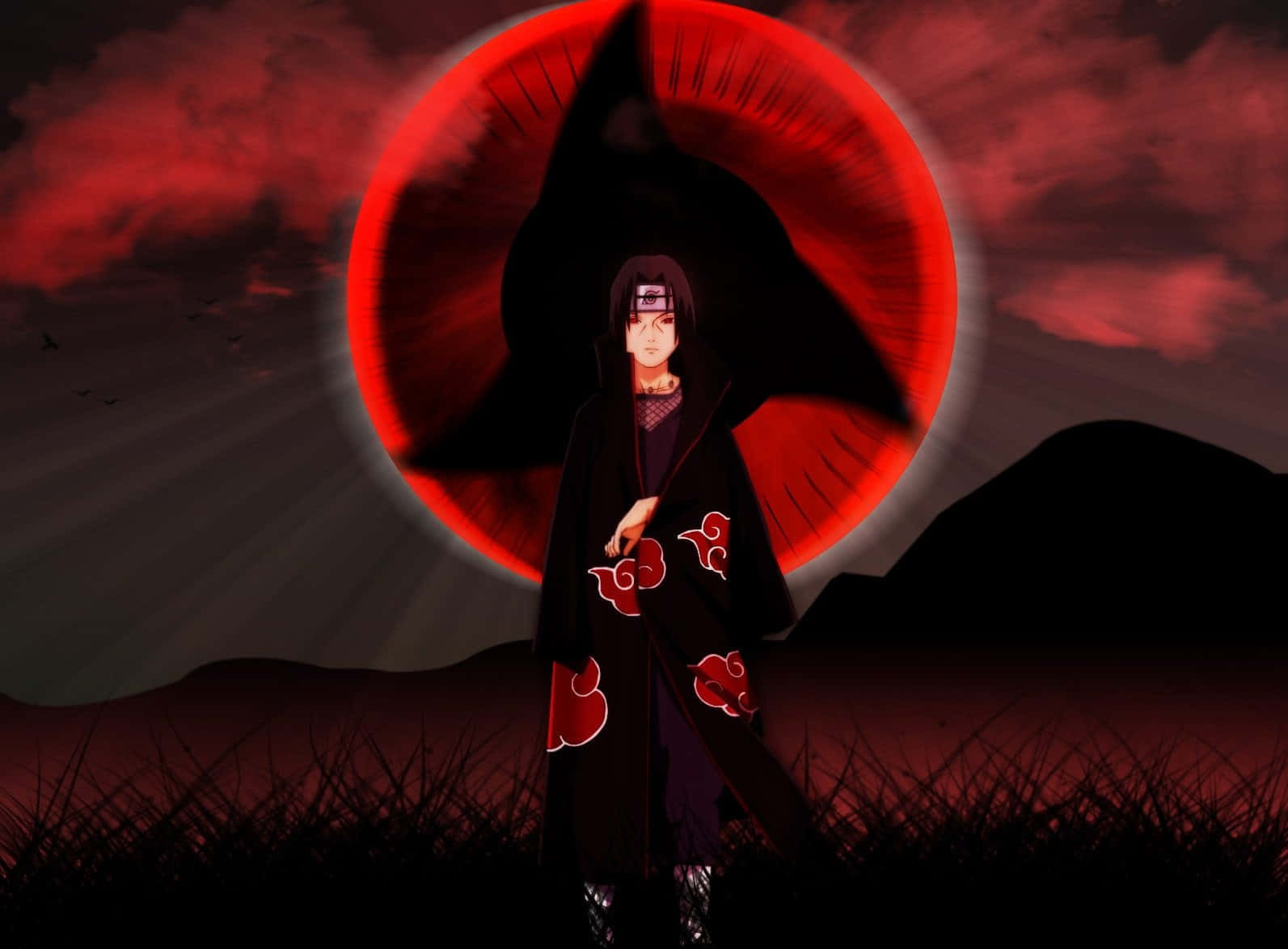 Akatsuki Ninja, black cloak with red clouds, red Sharingan eye, HD Desktop Wallpaper