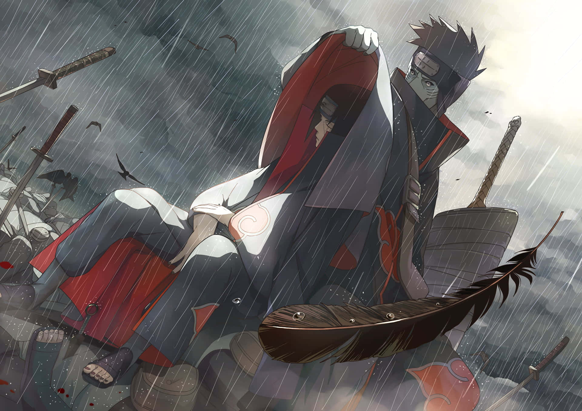 Akatsuki Ninja, anime warriors, stormy battlefield, Full HD Desktop Wallpaper