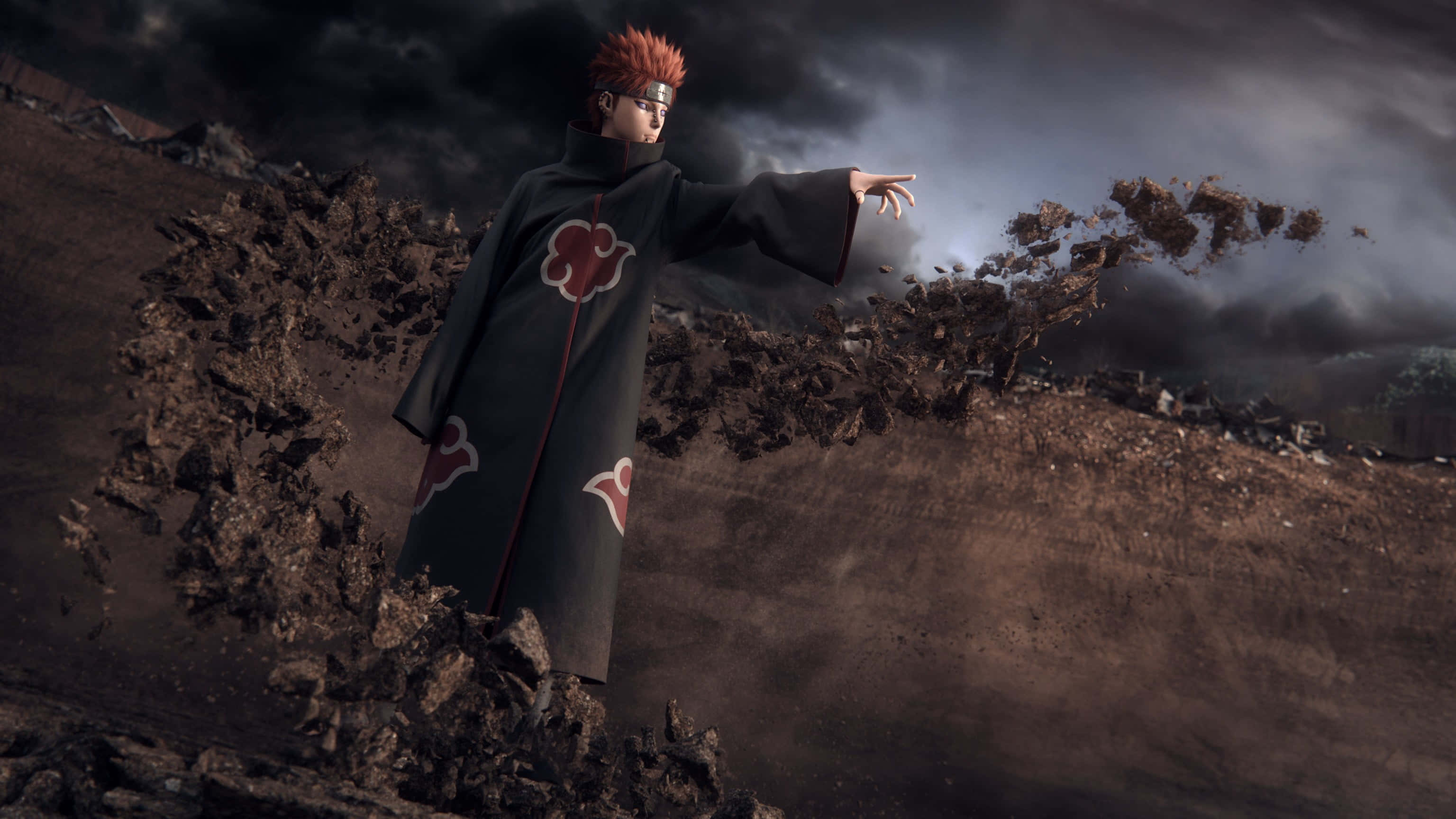 Akatsuki Ninja, red-haired anime character, black cloak with red clouds, 2K Desktop Wallpaper