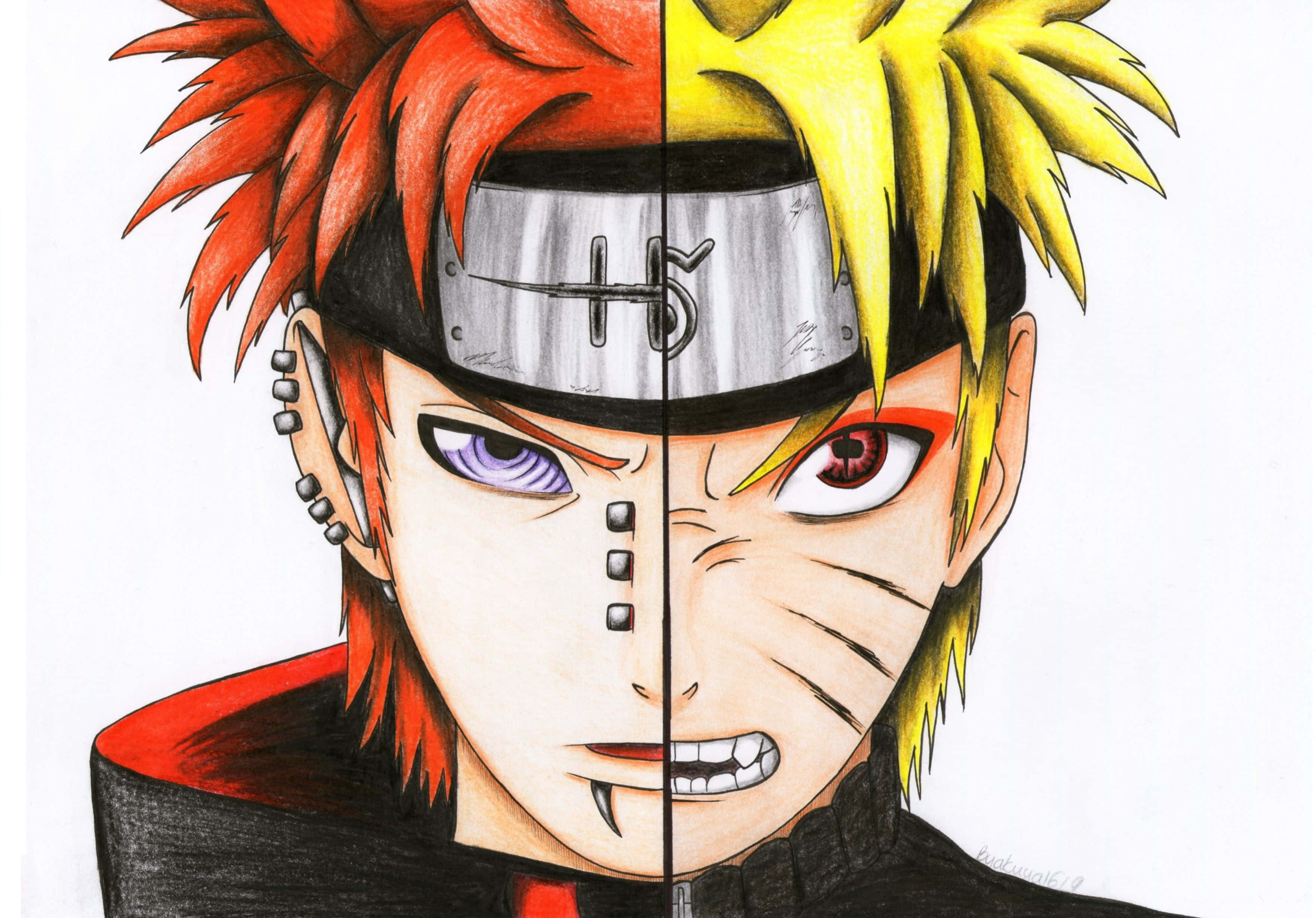 Akatsuki Ninja, red and yellow hair, split-face anime portrait, 2K Desktop Wallpaper