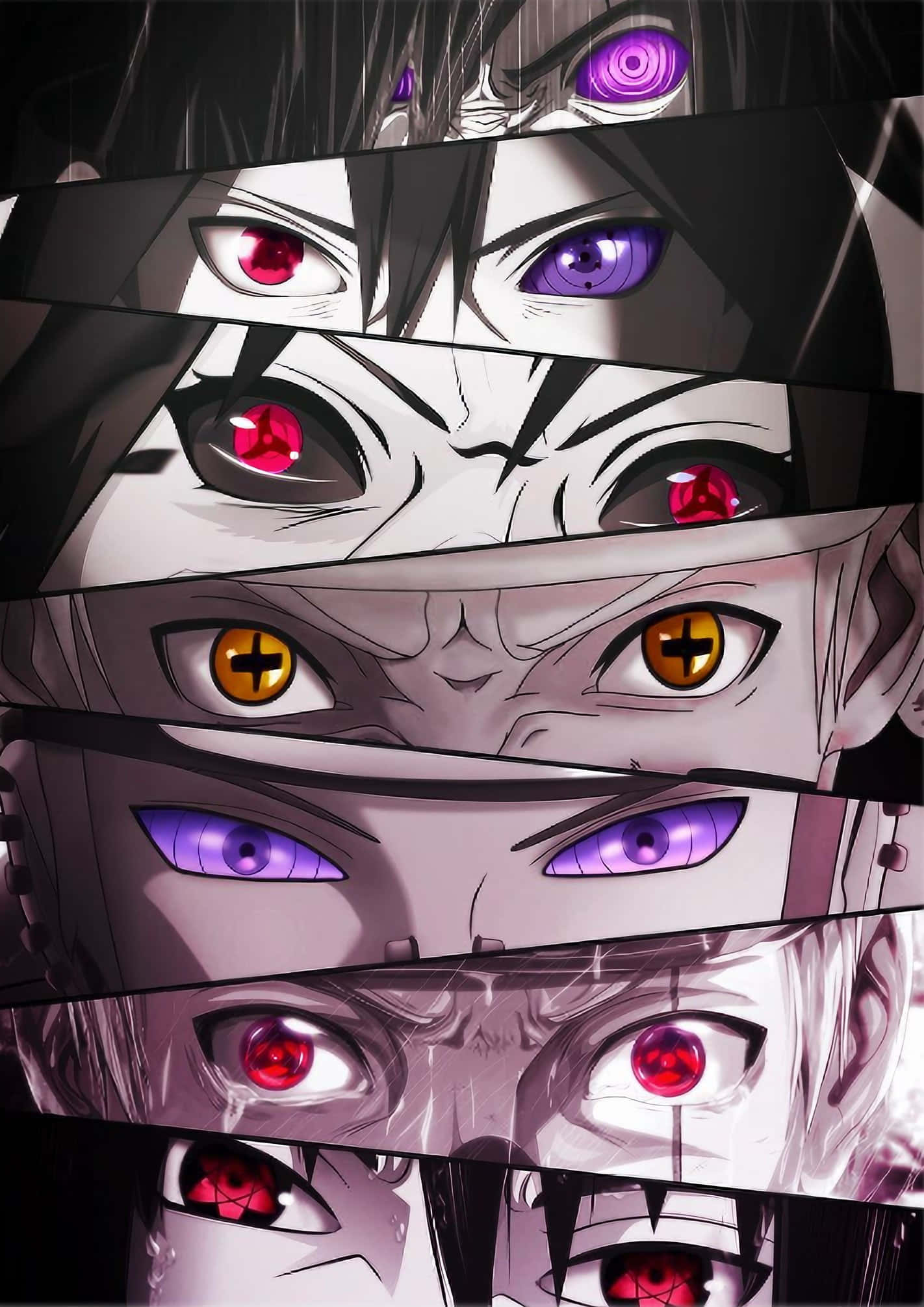 Akatsuki, glowing red purple and gold pupils, dramatic anime collage, Full HD Phone Wallpaper