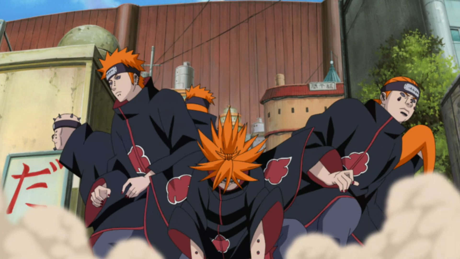 Akatsuki Pain, black cloaks with red clouds, dusty urban alleyway, Full HD Desktop Wallpaper