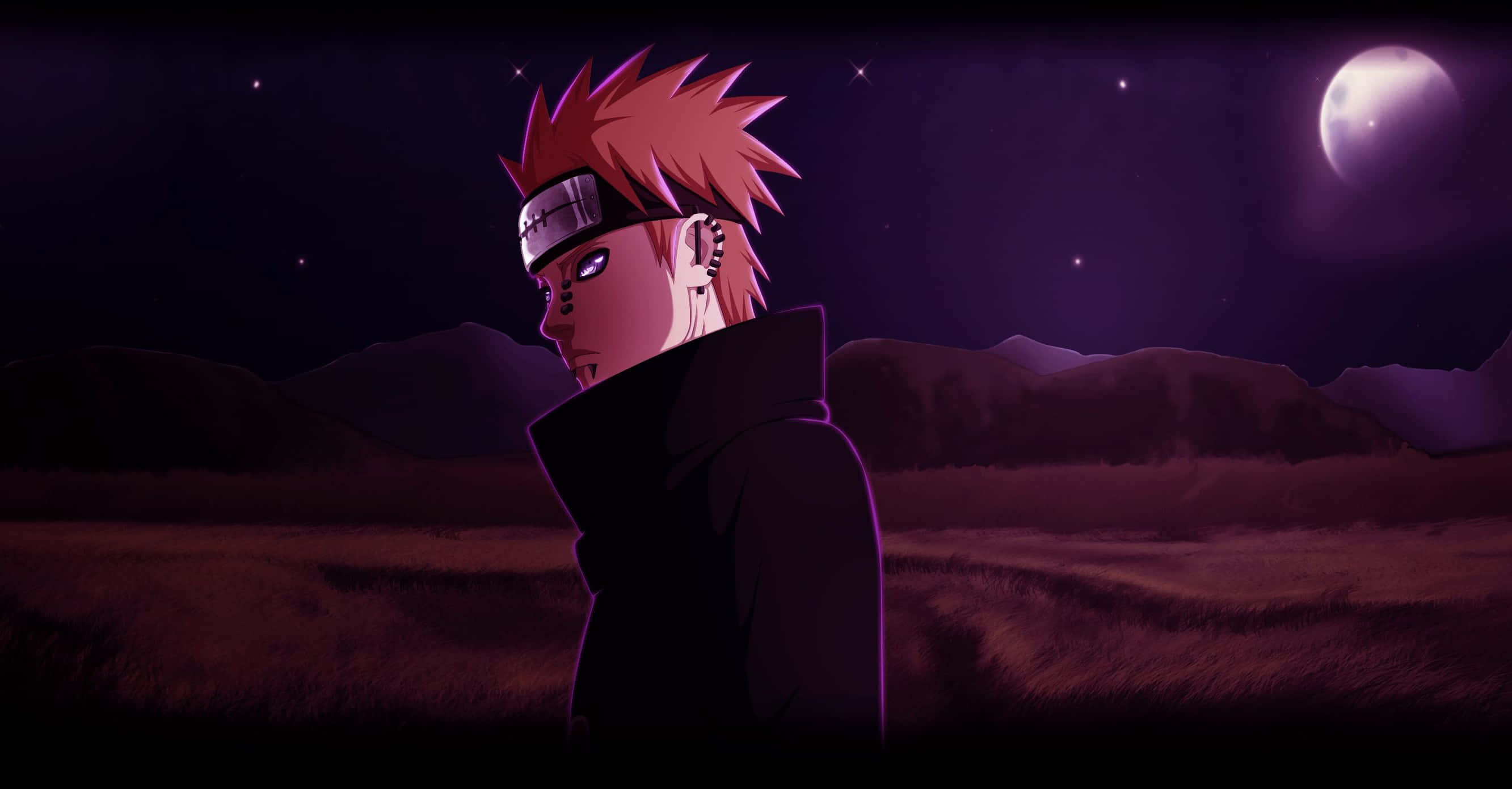 Akatsuki Pain, spiky-haired anime character, purple-hued field, 2K Desktop Wallpaper