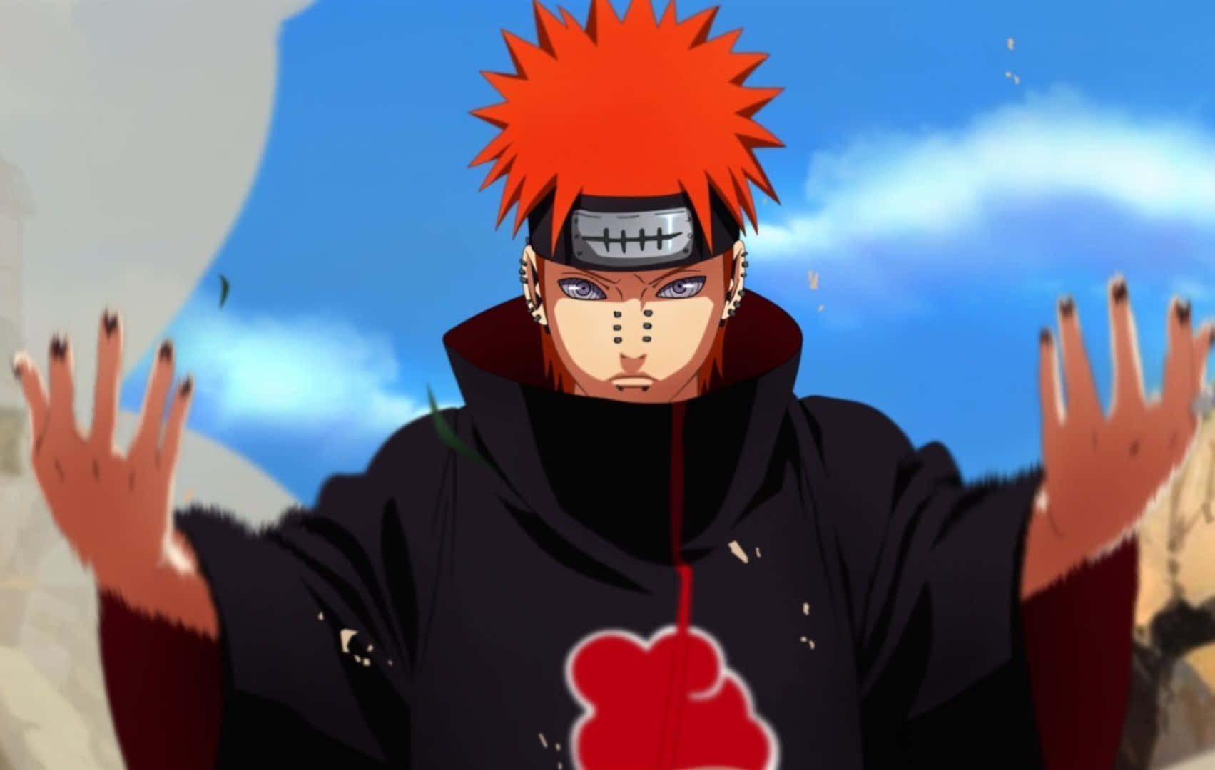 Akatsuki Pain, spiky red hair, black cloak, HD Desktop Wallpaper