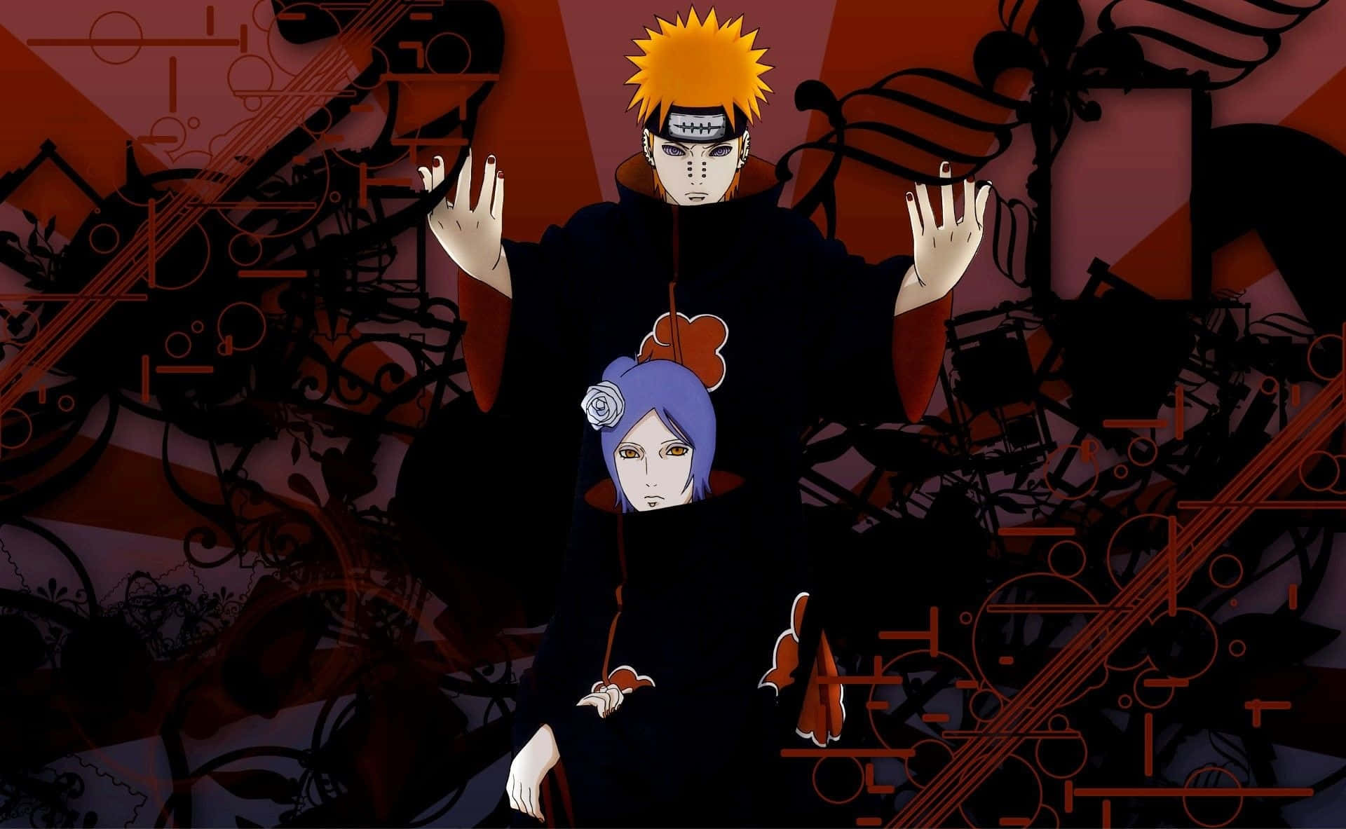 Pain Akatsuki, black cloaks, dark red abstract background, Full HD Desktop Wallpaper
