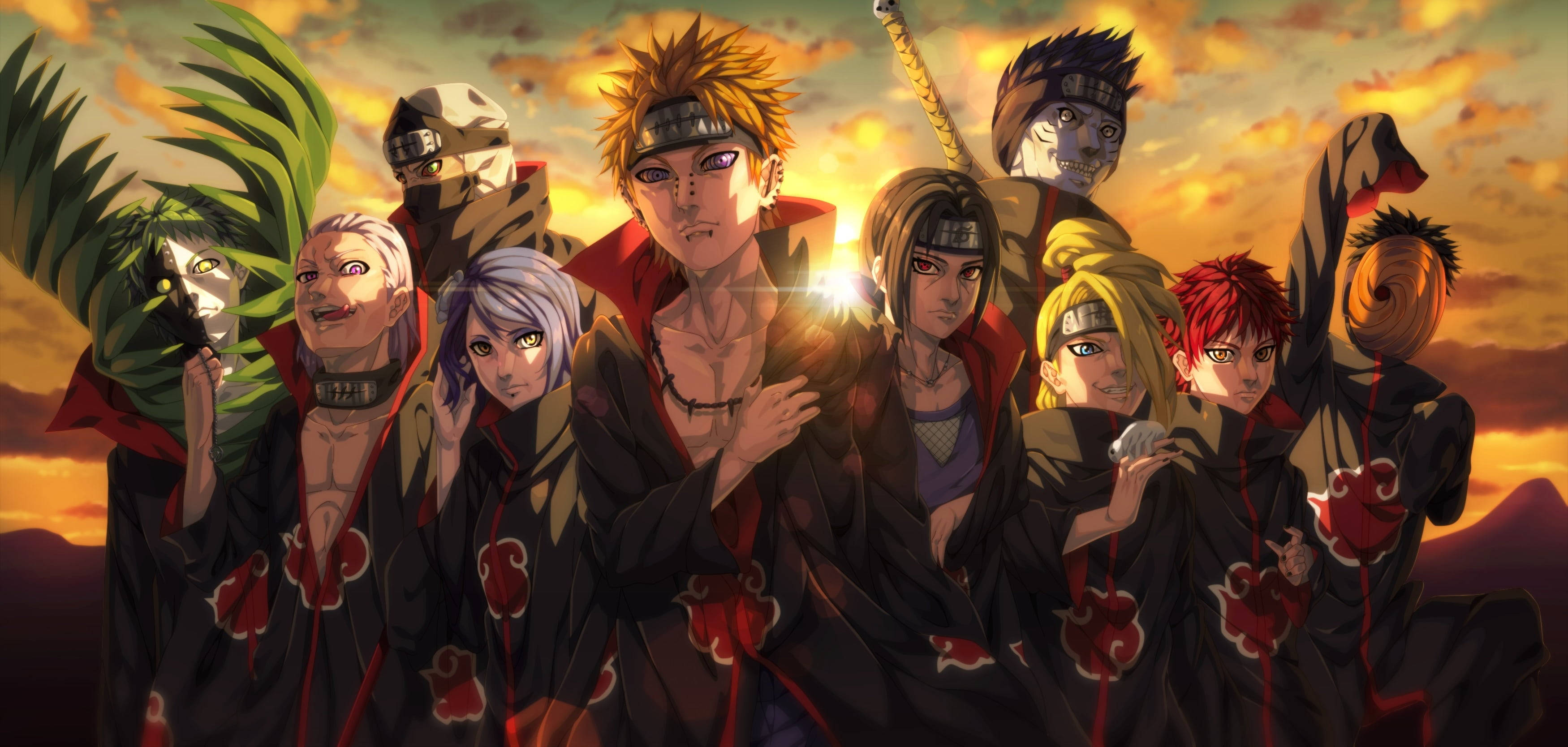 Akatsuki PC, red clouds, black cloaks, 2K Desktop Wallpaper