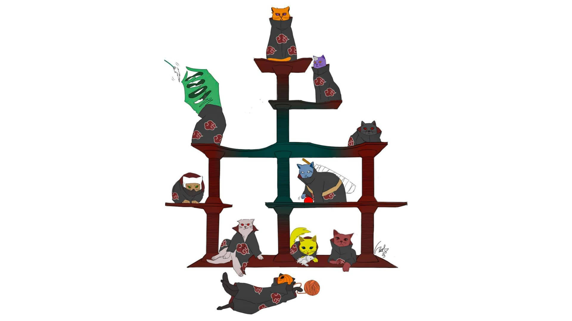 Akatsuki, cats, tiered wooden structure, Full HD Desktop Wallpaper