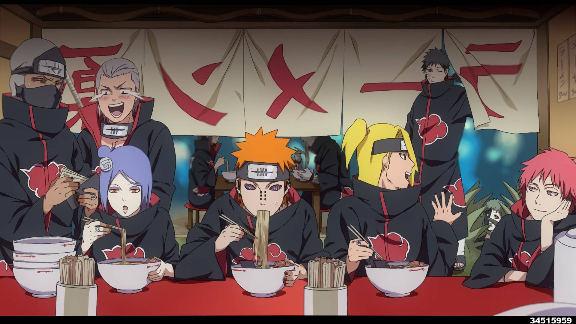 Akatsuki PC, black cloud cloaks, ramen, Full HD Desktop Wallpaper