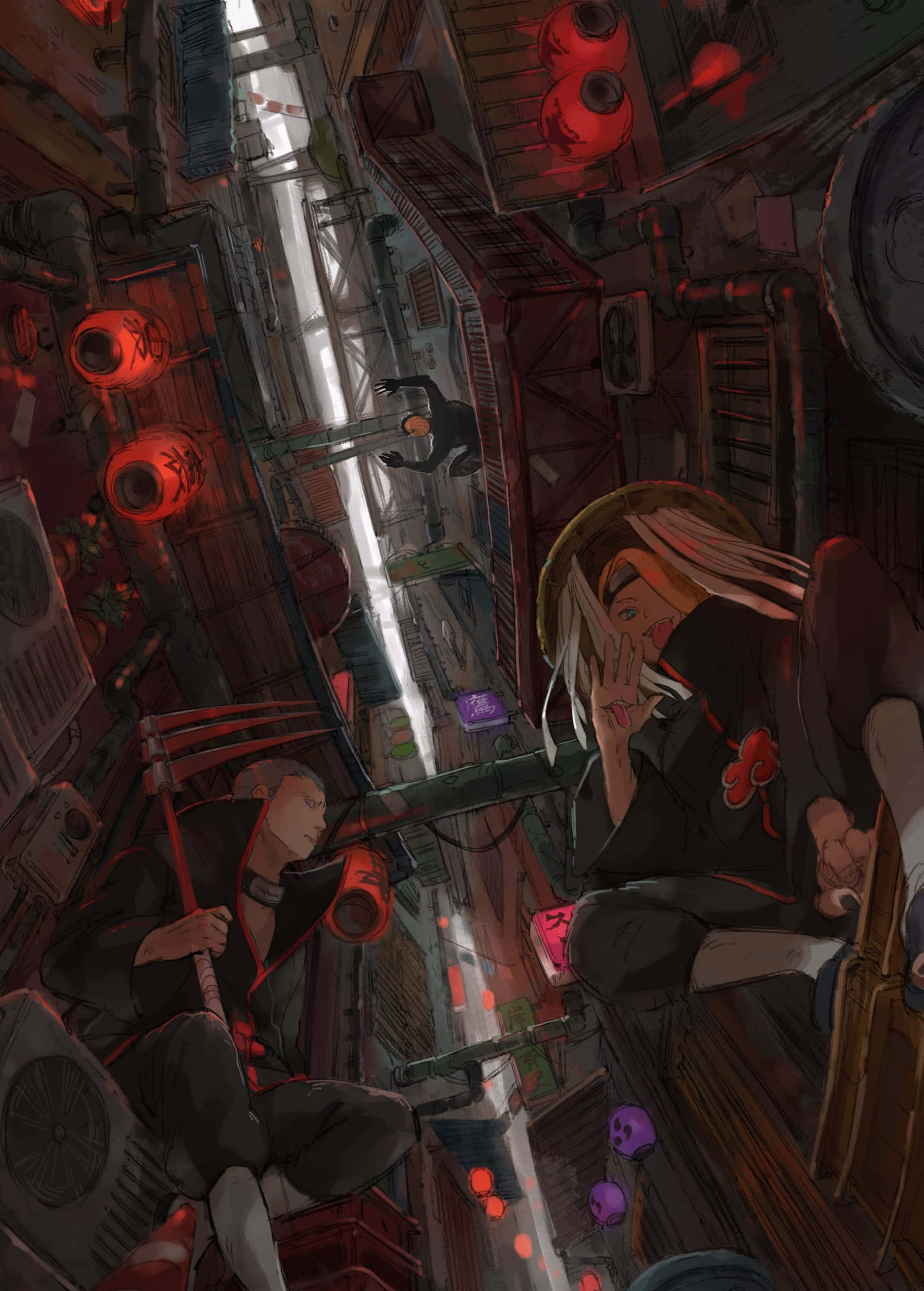 Akatsuki, anime characters, narrow alleyway, 2K Phone Wallpaper