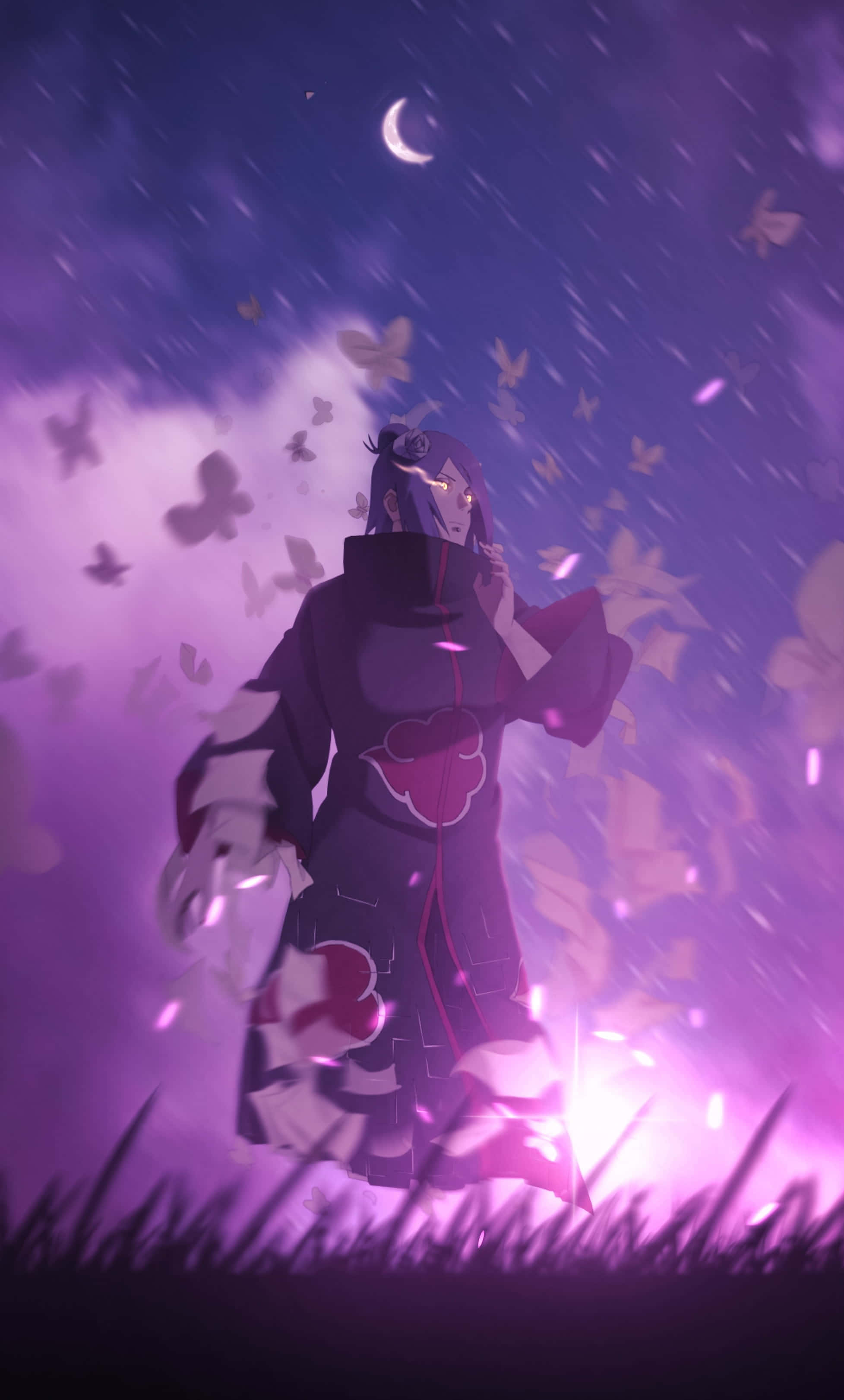 Akatsuki, crescent moon, purple butterflies, 2K Phone Wallpaper