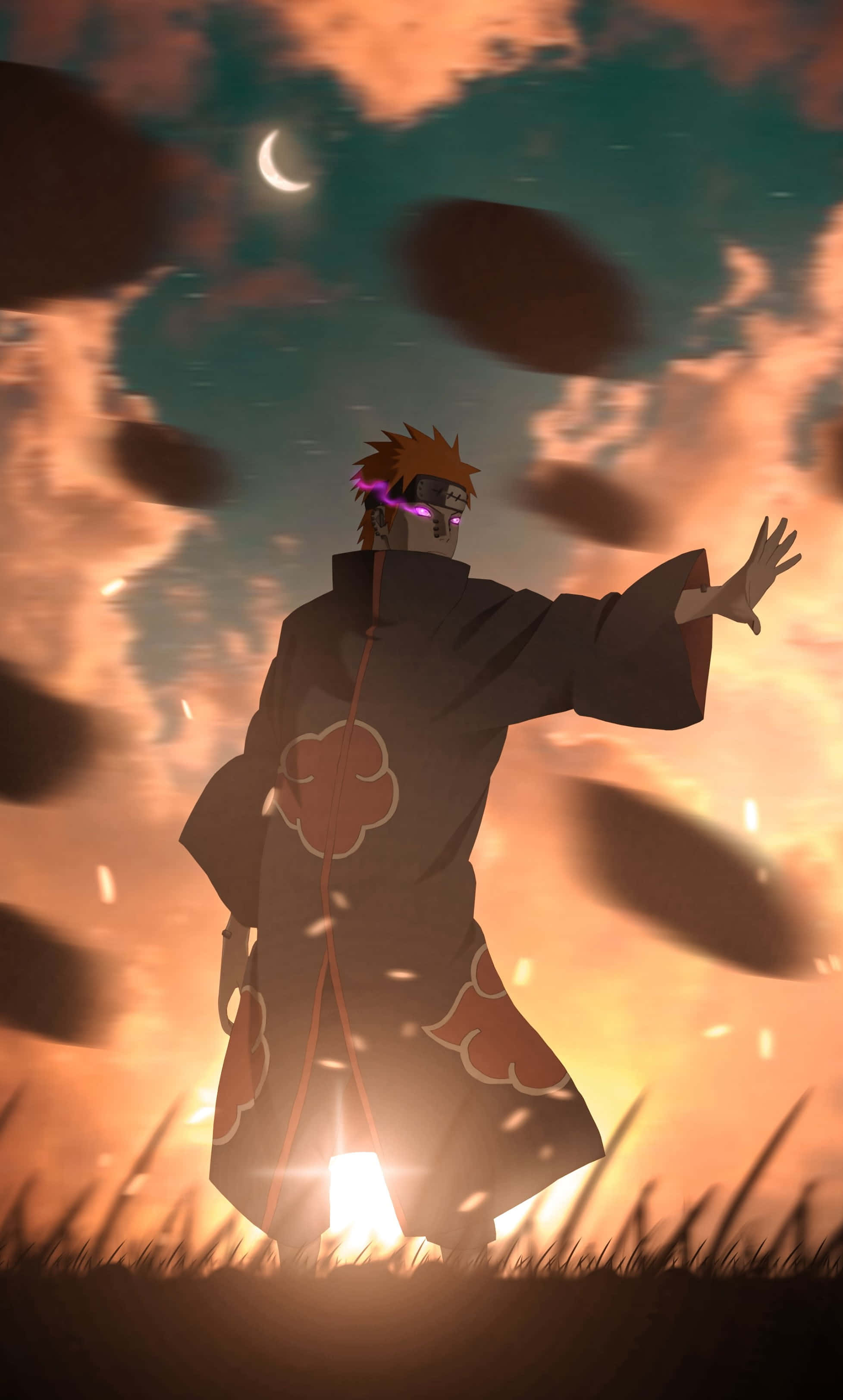 Akatsuki, black cloak with red clouds, glowing sunset, 2K Phone Wallpaper