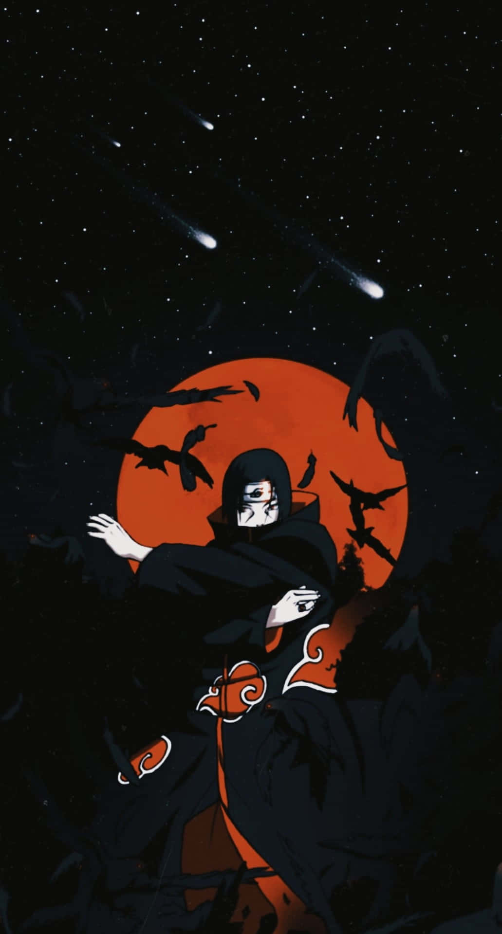 Akatsuki, black cloak with red clouds, glowing orange moon, HD Phone Wallpaper