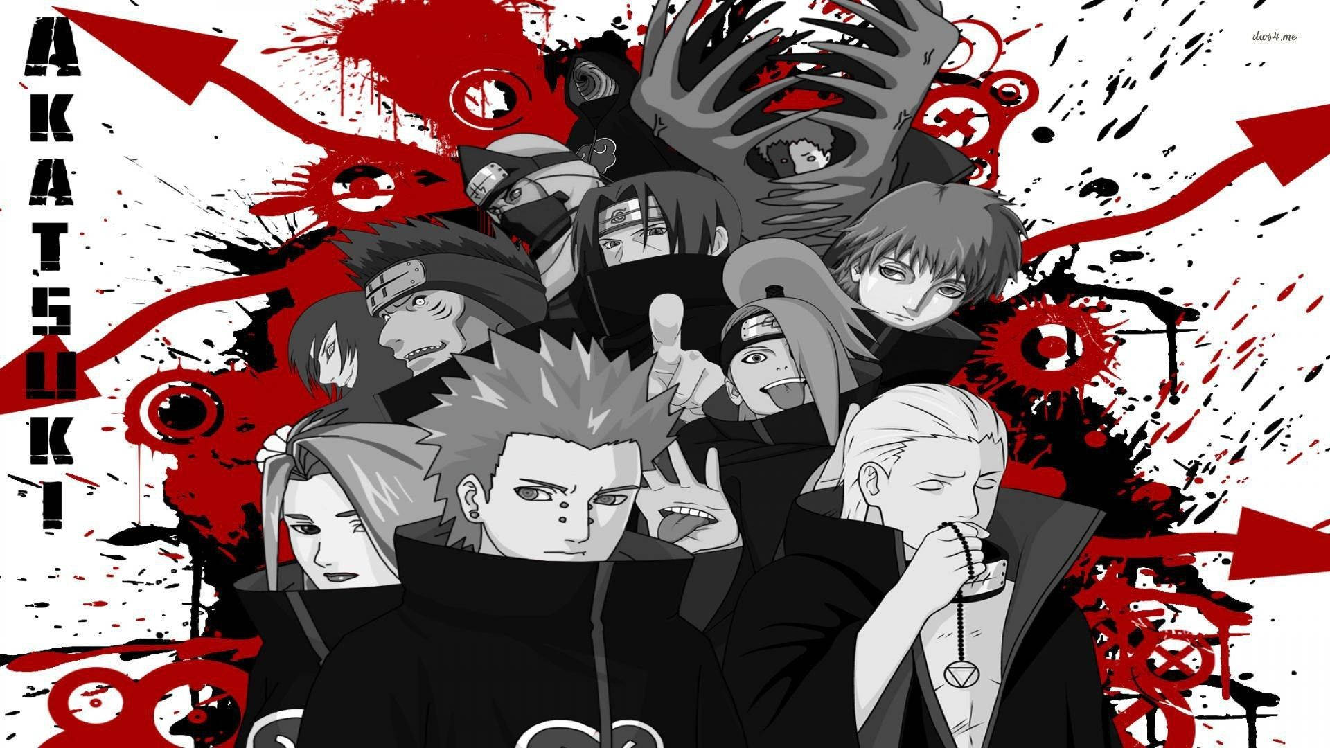 Akatsuki, black cloaks, red and white splatter background, Full HD Desktop Wallpaper