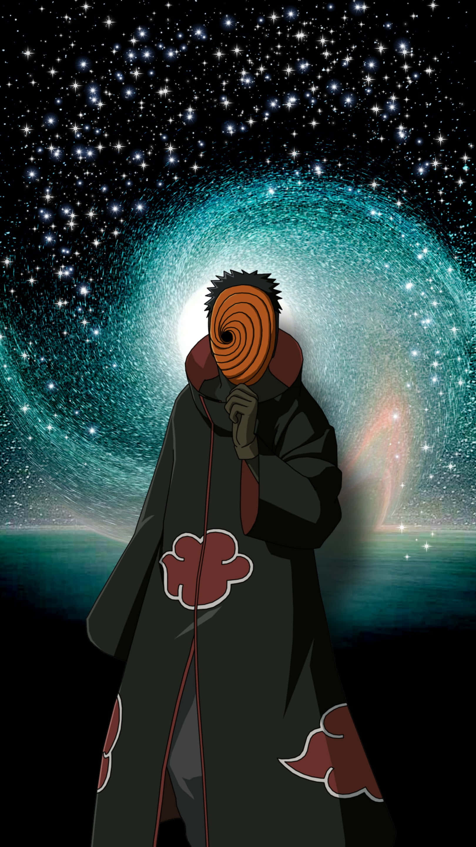 Akatsuki Tobi, black cloak with red clouds, swirling cosmic vortex, 2K Phone Wallpaper
