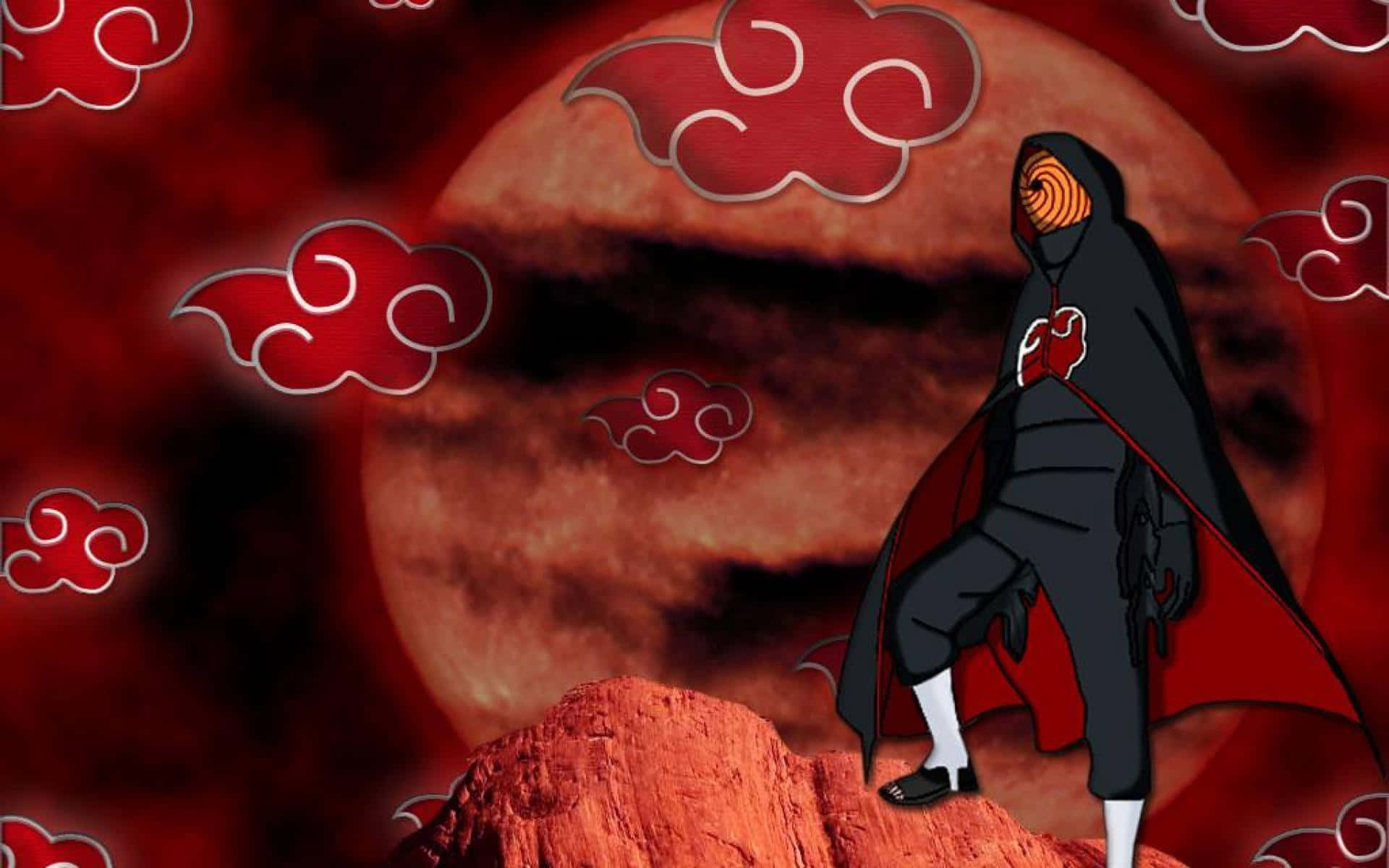 Akatsuki Tobi, black cloak with red clouds, rocky outcrop, Full HD Desktop Wallpaper
