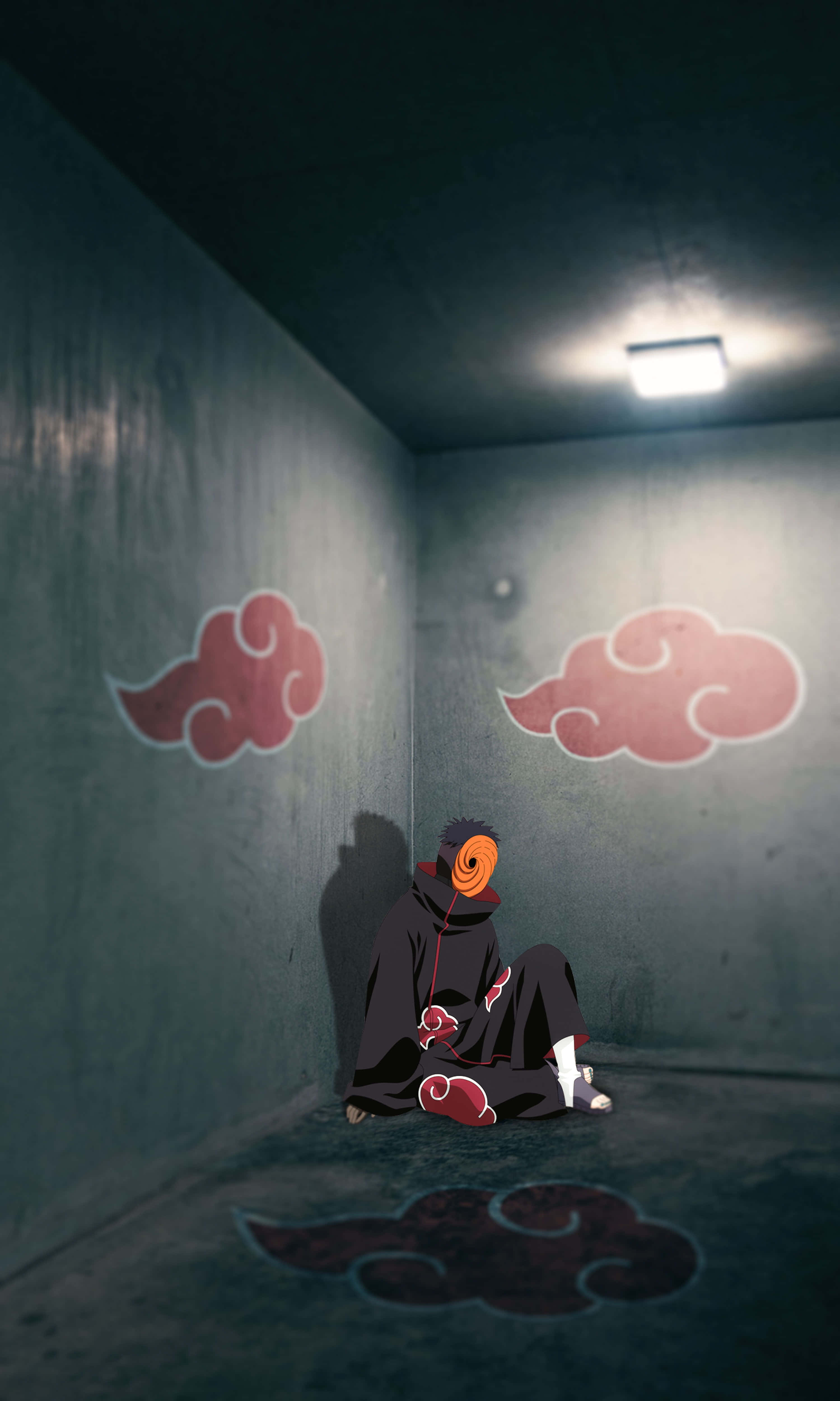 Akatsuki Tobi, red cloud symbols, dim concrete room, 4K Phone Wallpaper