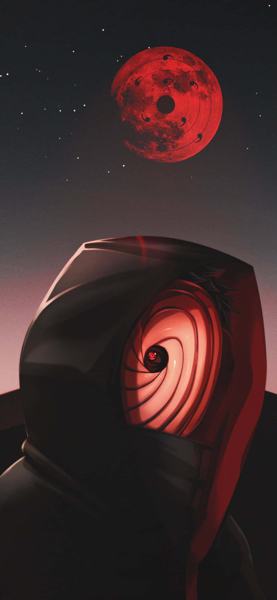 Akatsuki Tobi, glowing red spiral eye, blood-red moon, Full HD Phone Wallpaper