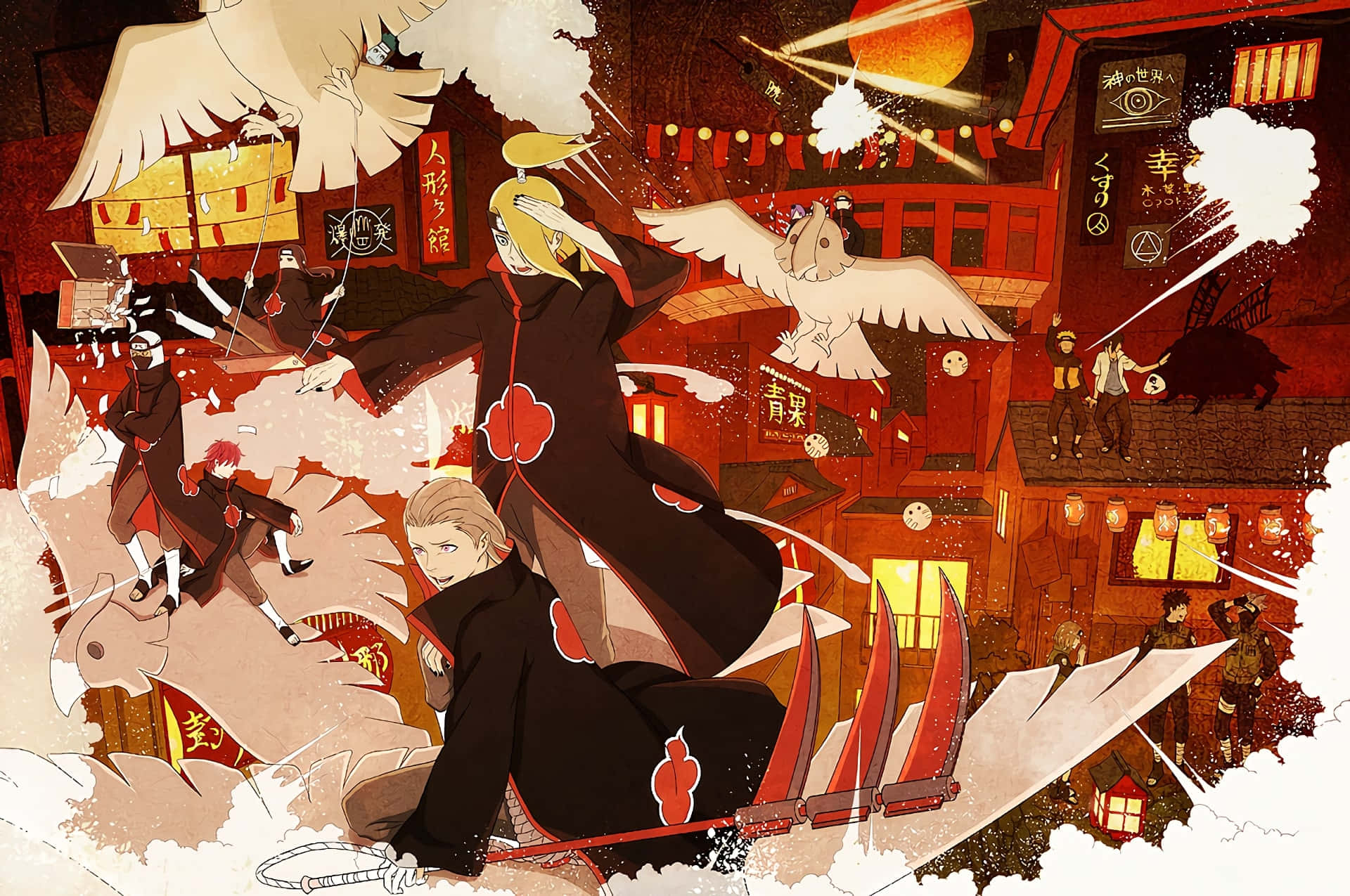Akatsuki X Deidara, black cloaks with red clouds, fiery red Japanese village, Full HD Desktop Wallpaper