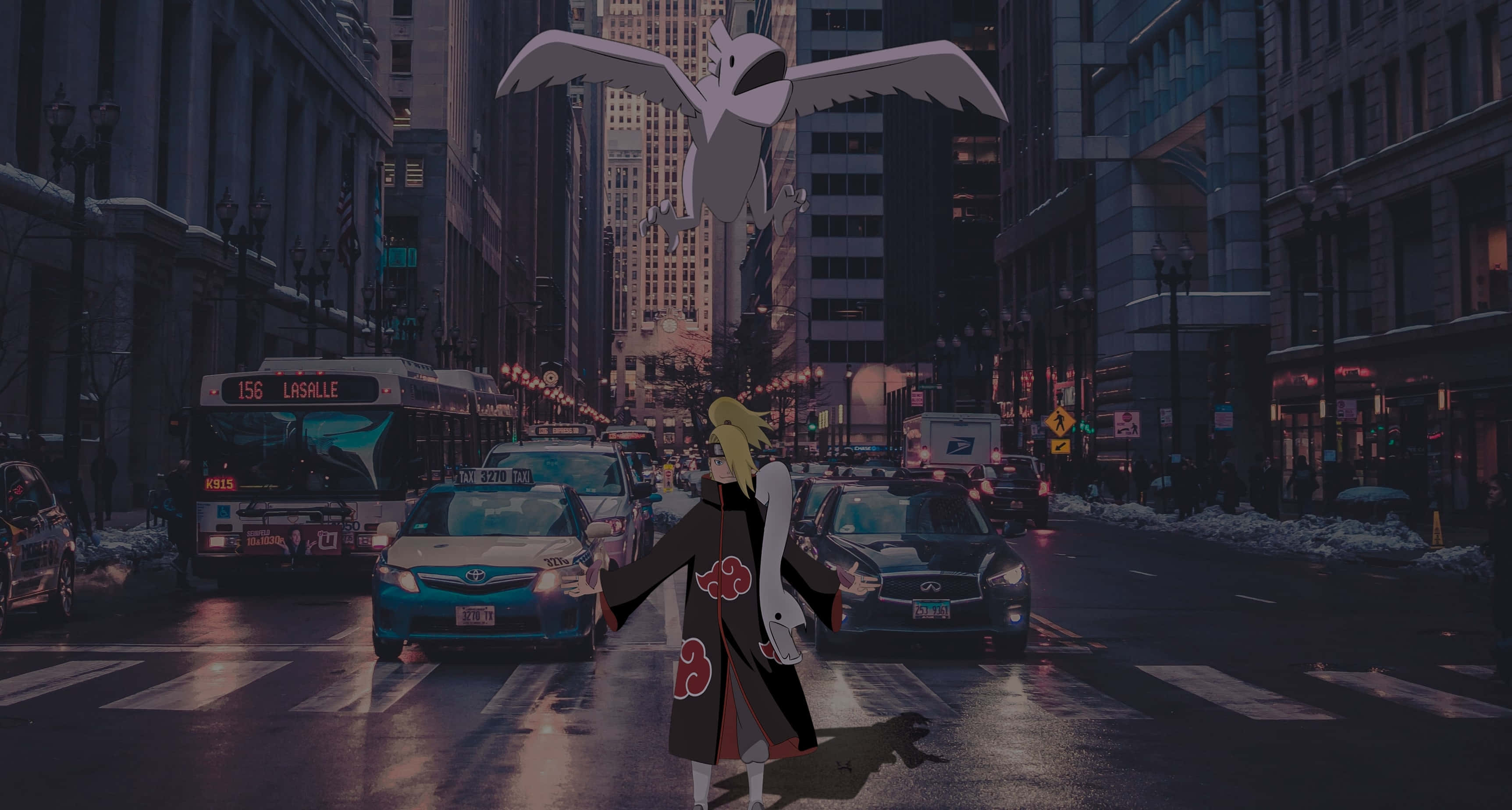 Akatsuki, Deidara, snowy urban street, 2K Desktop Wallpaper