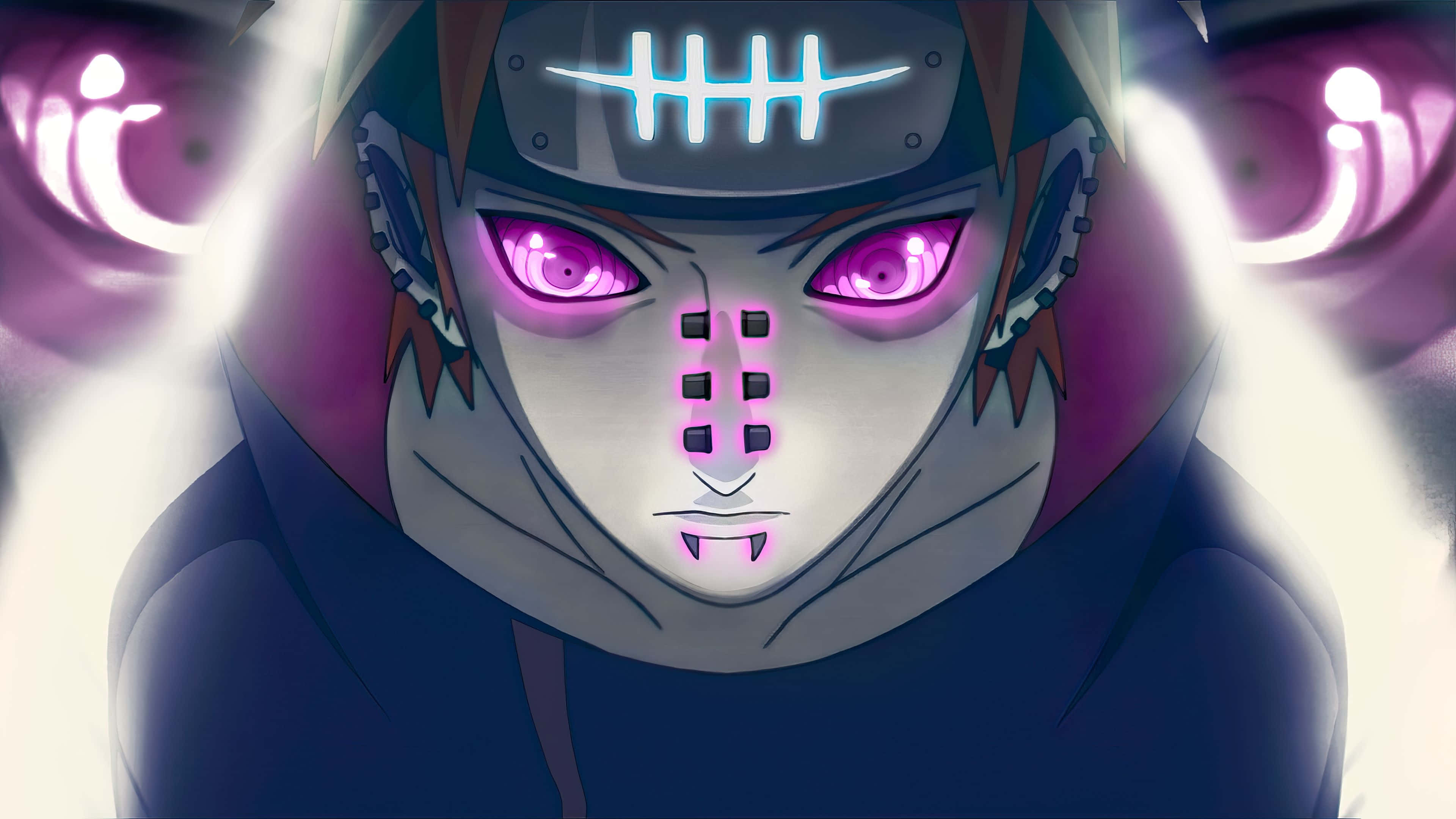 Akatsuki Yahiko, glowing purple eyes, forehead protector, 4K Desktop Wallpaper
