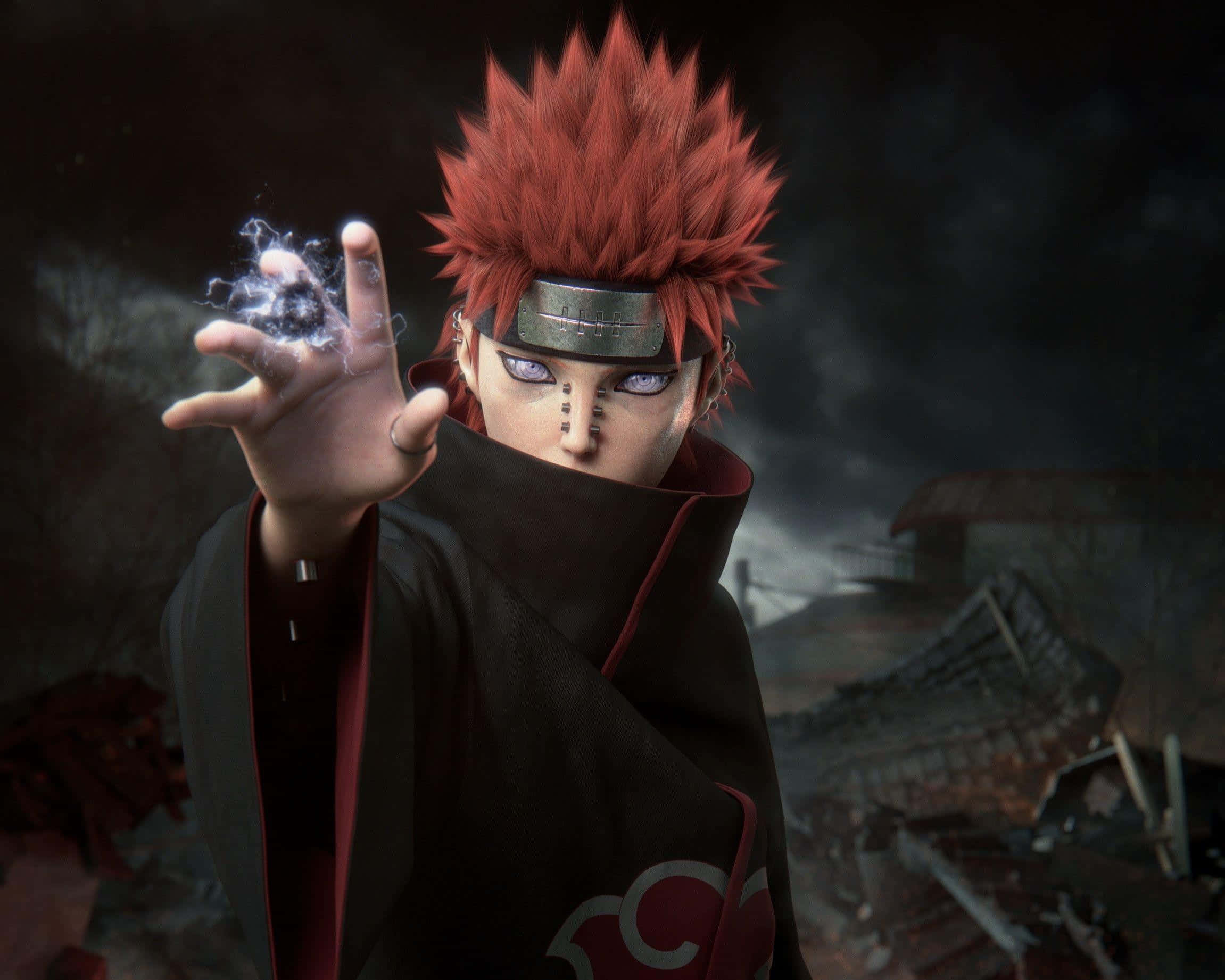 Akatsuki Yahiko, spiky red-haired anime character, black cloak with red clouds, Full HD Desktop Wallpaper