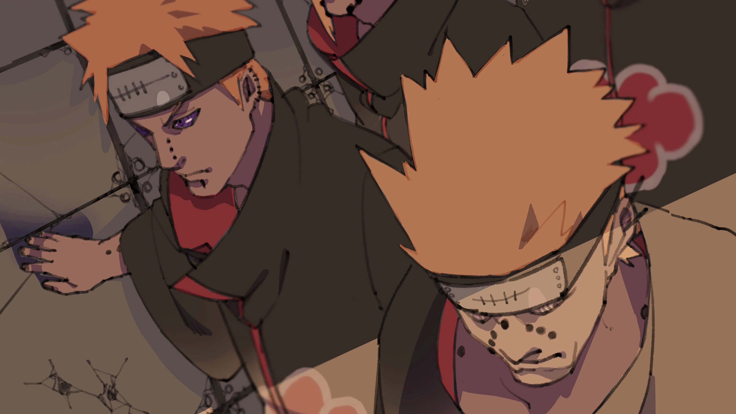 Akatsuki Yahiko, spiky orange hair, headbands, 2K Desktop Wallpaper