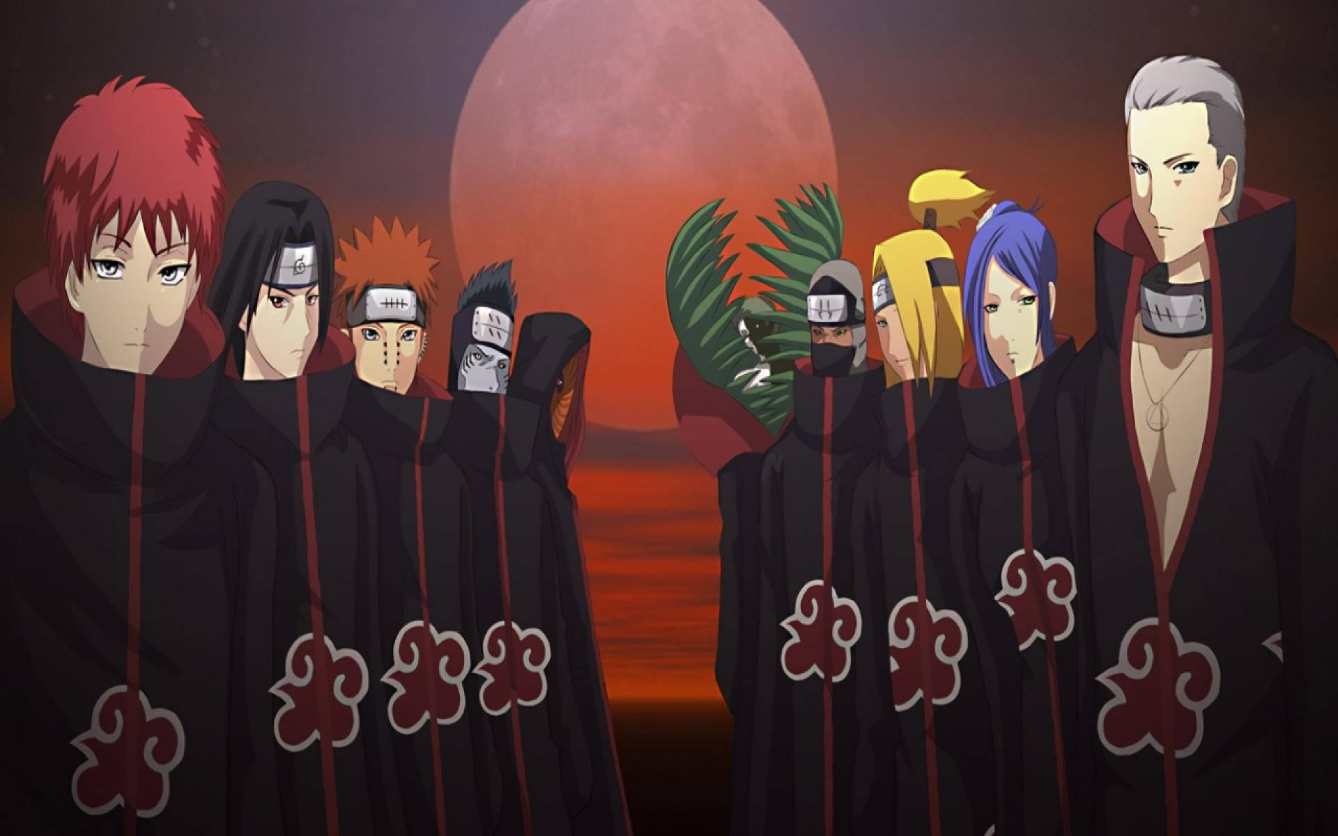 Akatsuki, black cloaks, red cloud symbols, Full HD Desktop Wallpaper