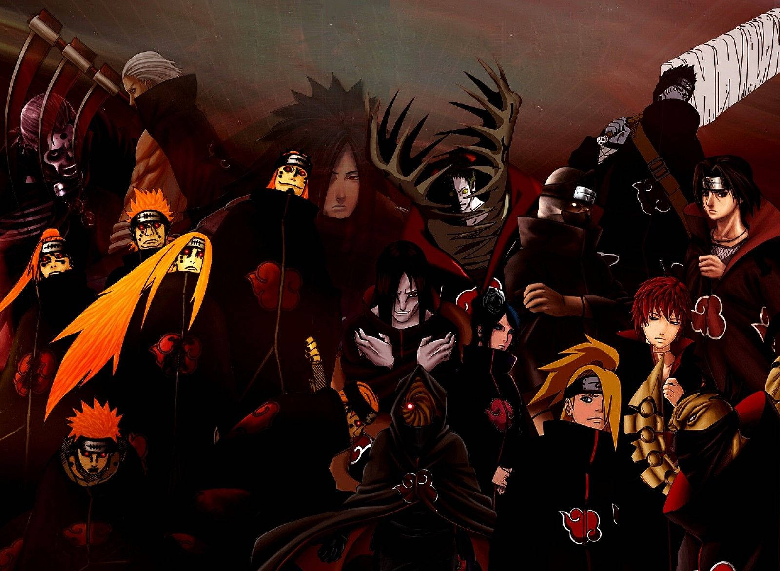 Akatsuki, dark cloaks, red cloud symbols, HD Desktop Wallpaper