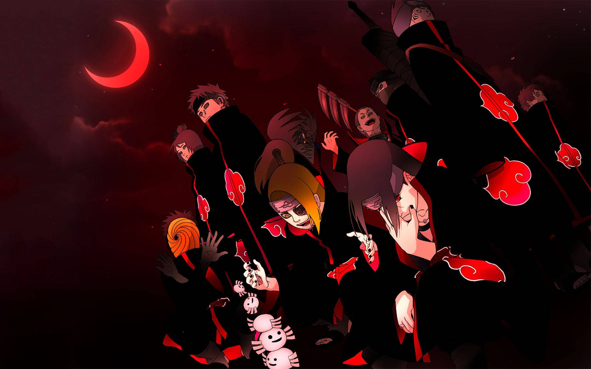 Akatsuki, red crescent moon, black cloaks, Full HD Desktop Wallpaper