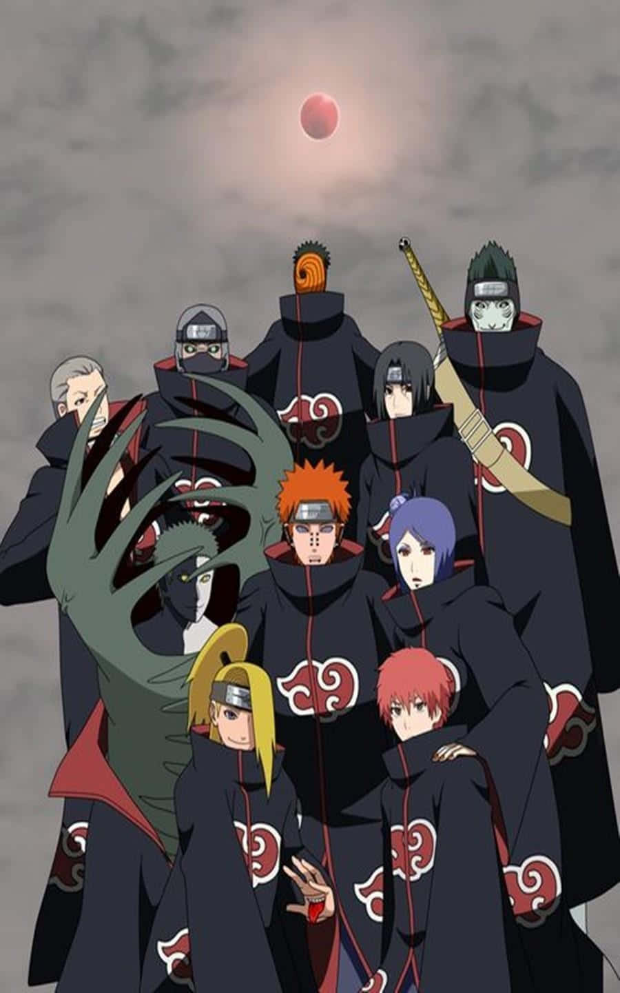 Akatsuki, red clouds, pink moon, HD Phone Wallpaper