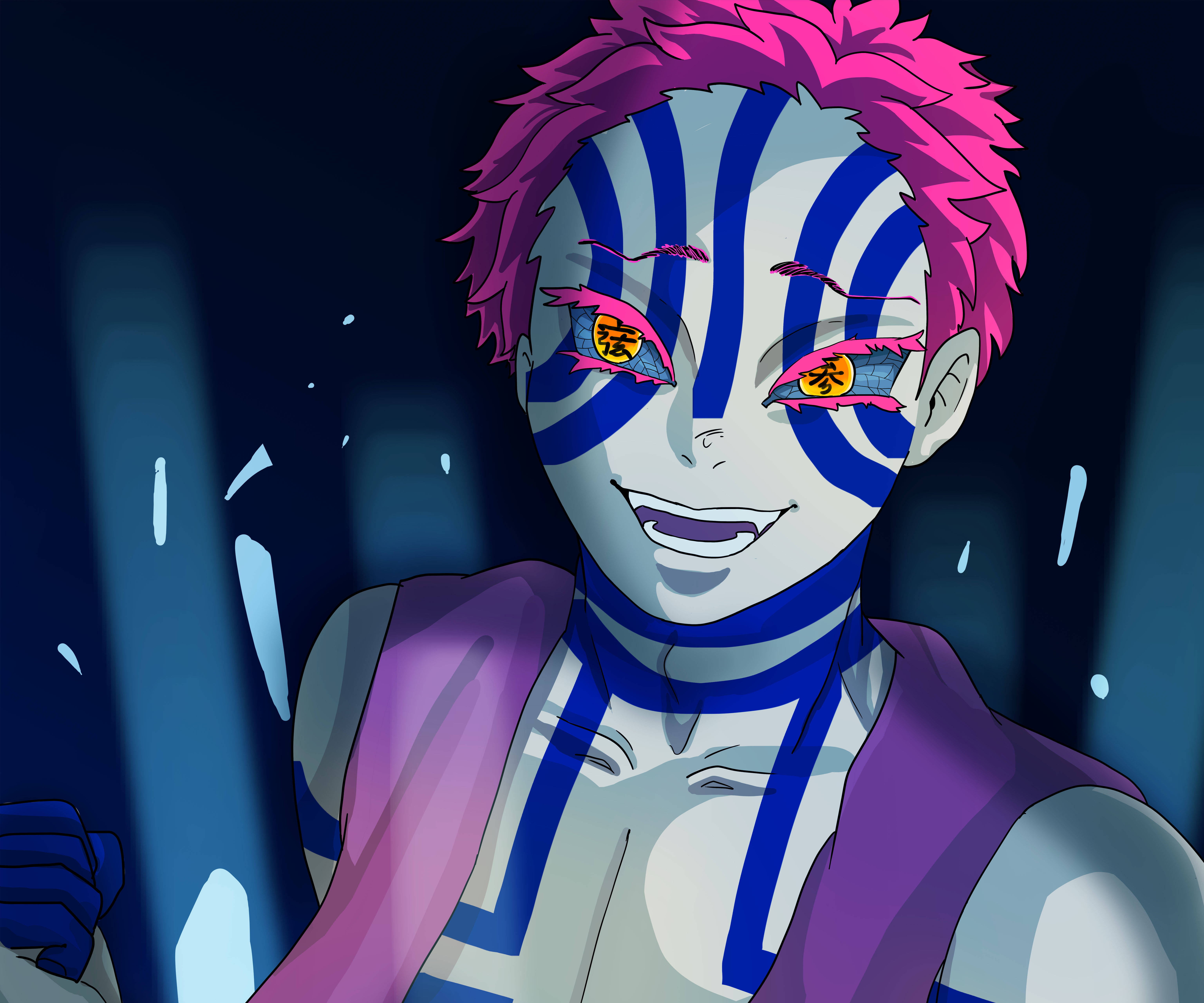 Akaza, pink hair, blue stripes, 5K Desktop Wallpaper