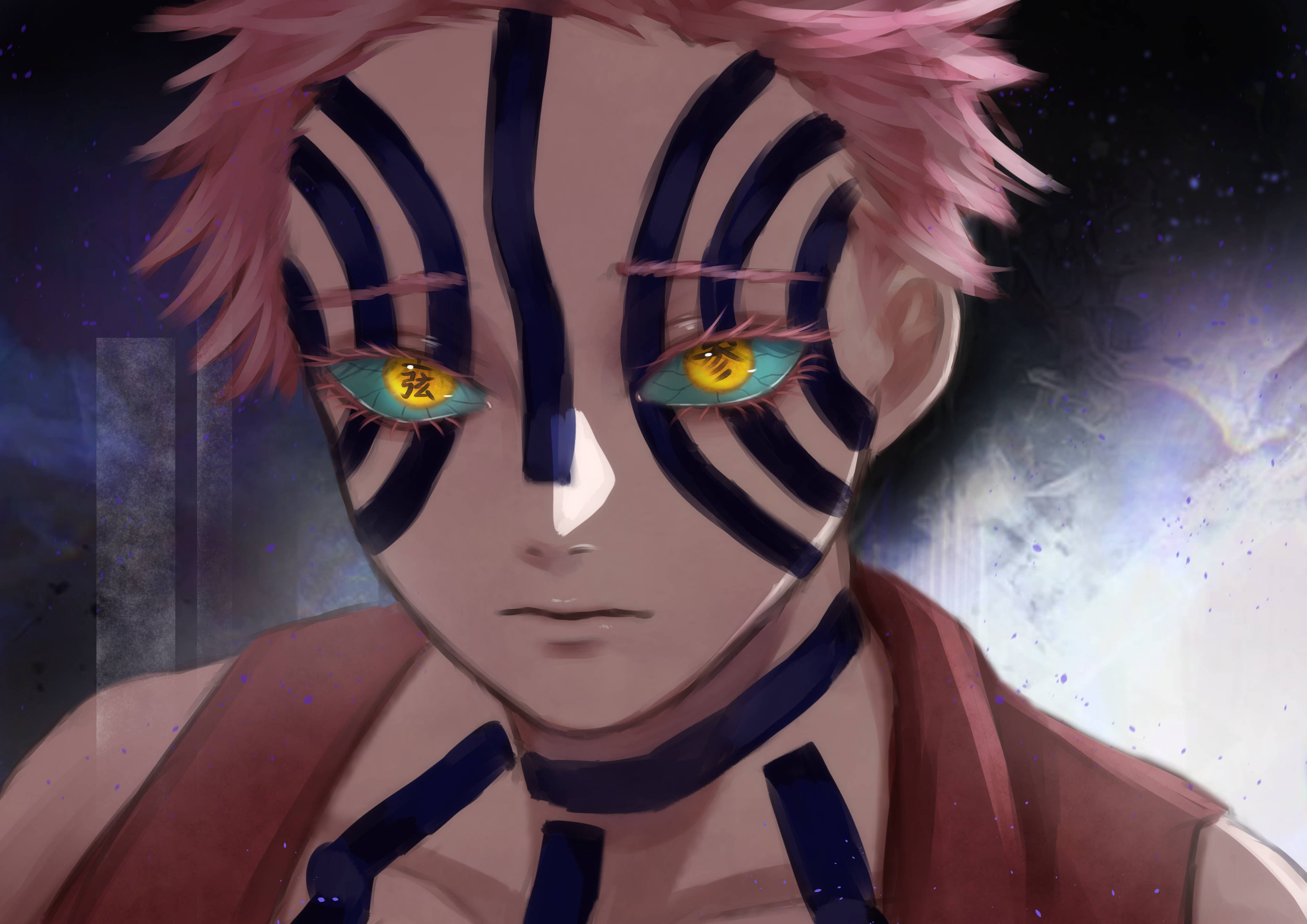Akaza, pink hair, bold black stripes, 4K Desktop Wallpaper