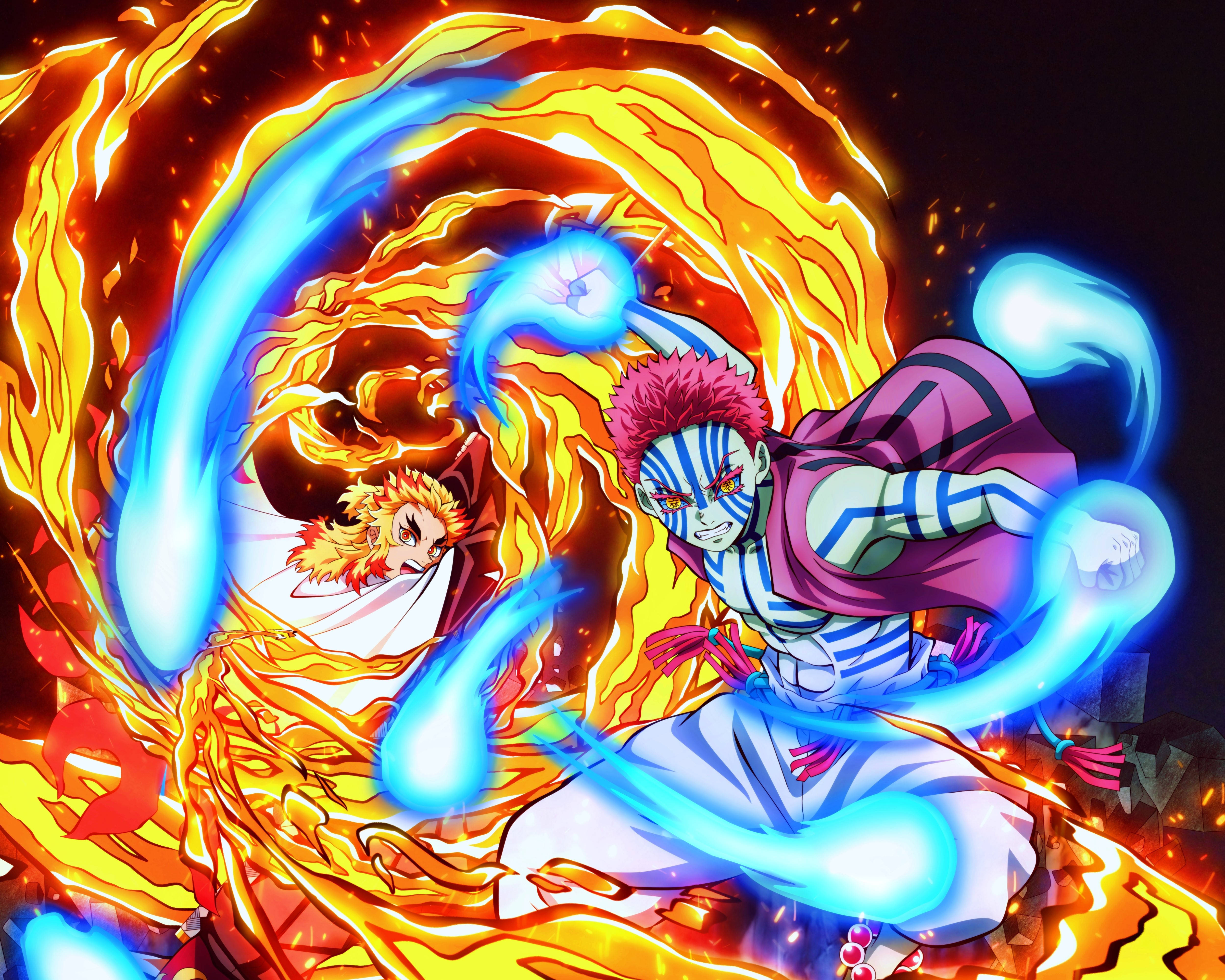 Akaza, blue fireballs, orange flames, 4K Desktop Wallpaper