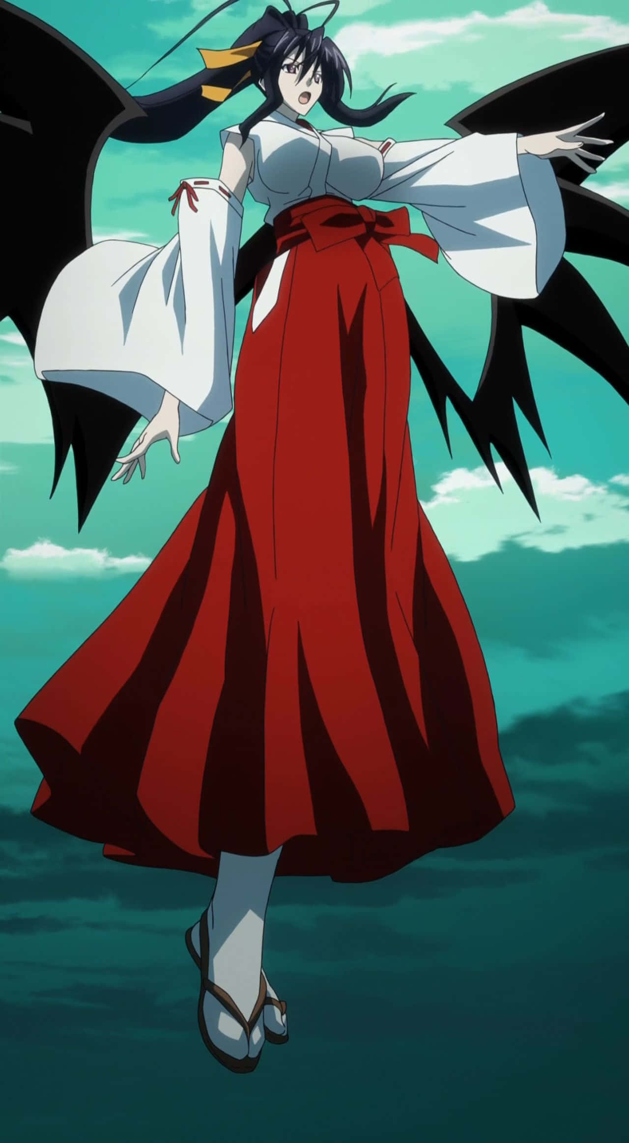 Akeno Himejima, black wings, red skirt, Full HD Phone Wallpaper