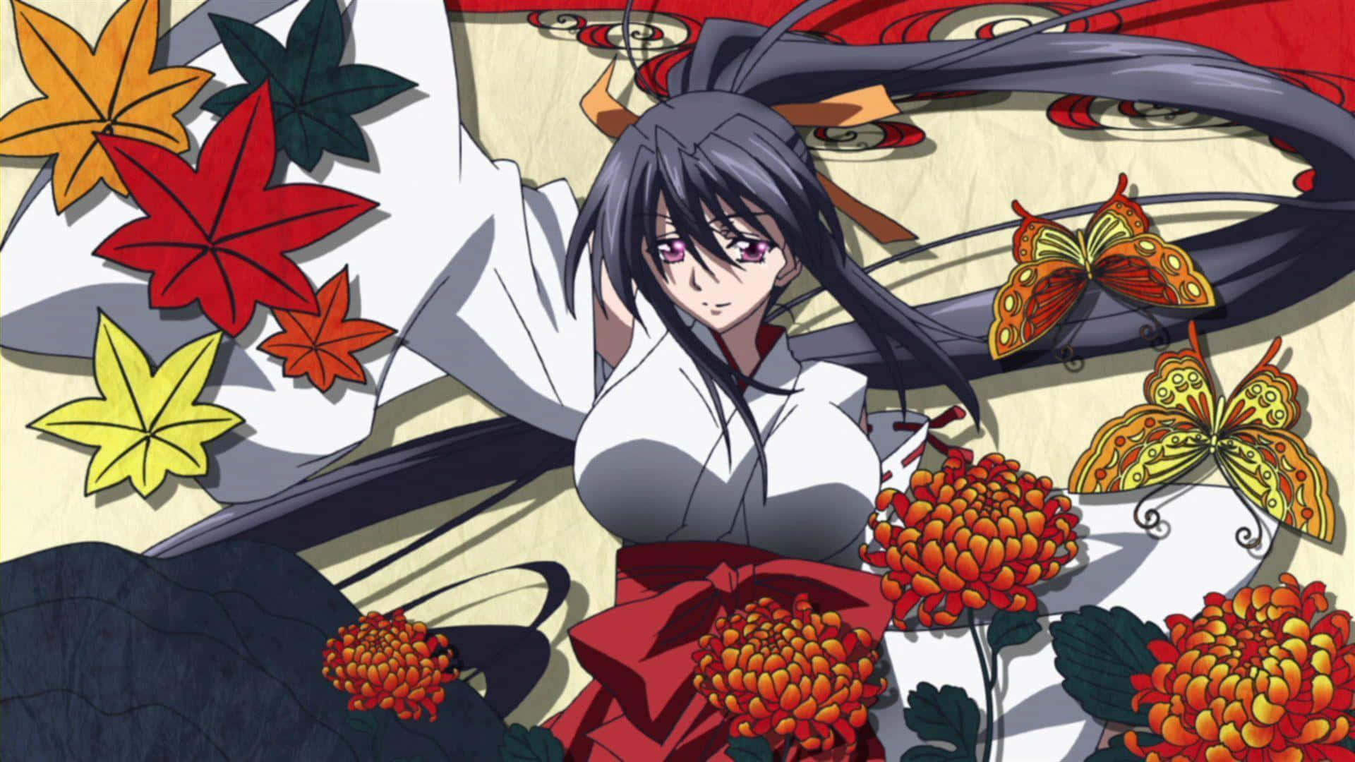 Akeno Himejima, white kimono, red obi, Full HD Desktop Wallpaper