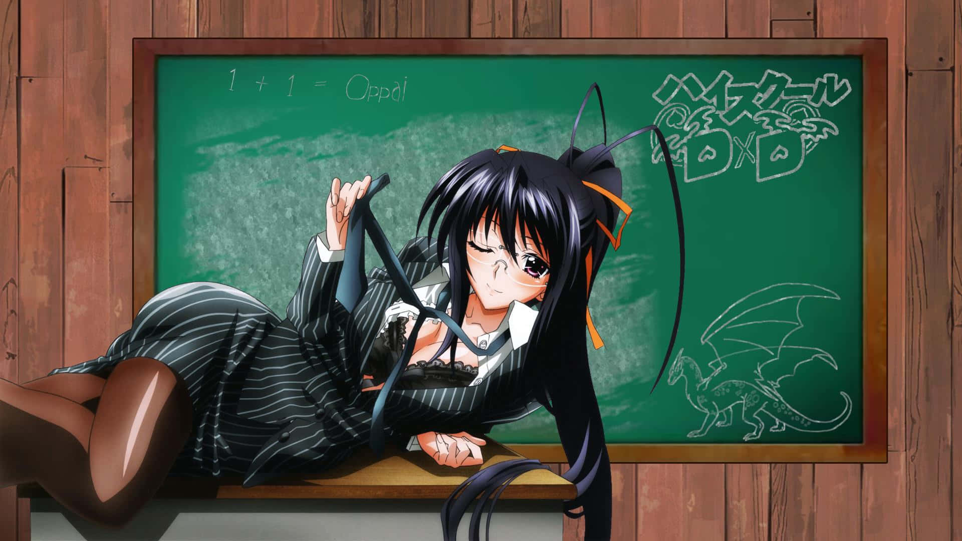 Akeno Himejima, black-haired, pinstripe suit, Full HD Desktop Wallpaper