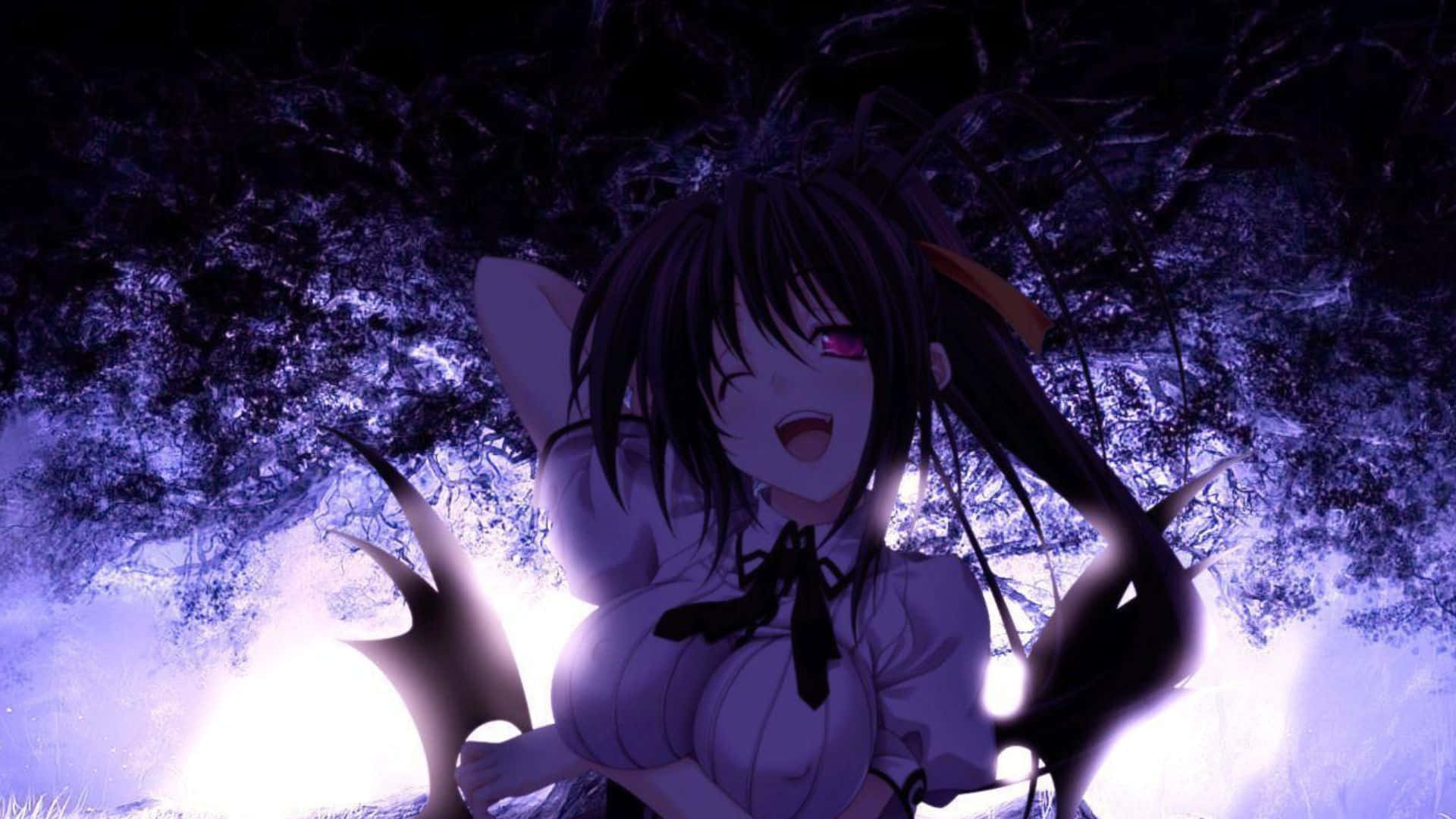 Akeno Himejima, dark-haired, glowing pink eyes, Full HD Desktop Wallpaper
